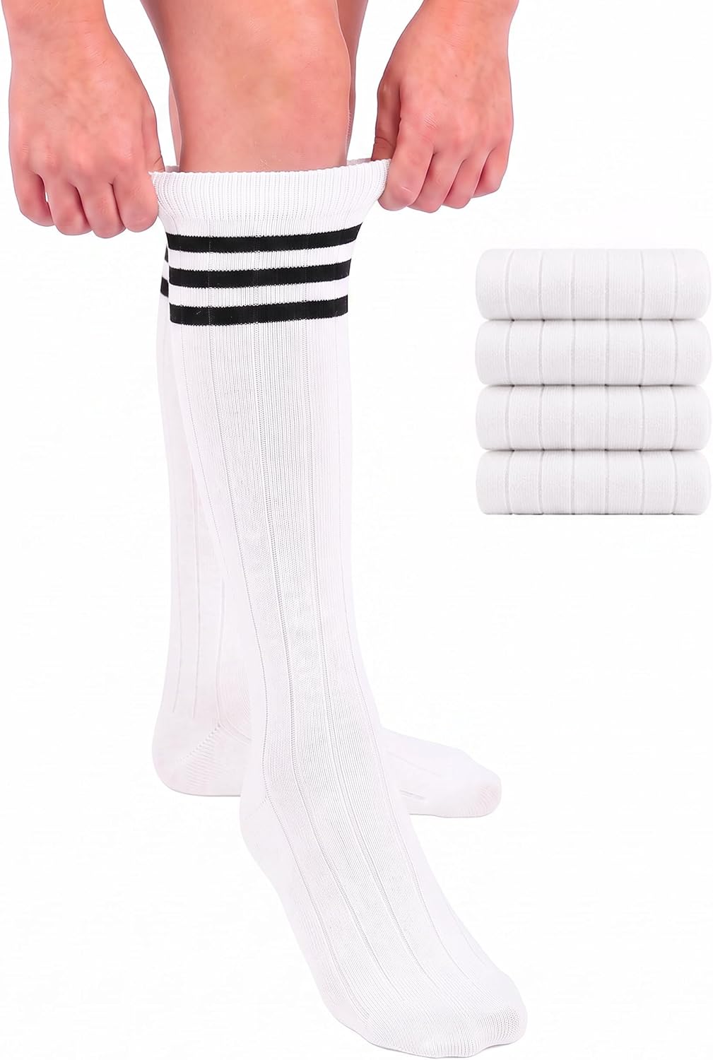 Hugh Ugoli Knee High Cotton Socks with Stripes for Girls, Kids, Boys 4 Pair