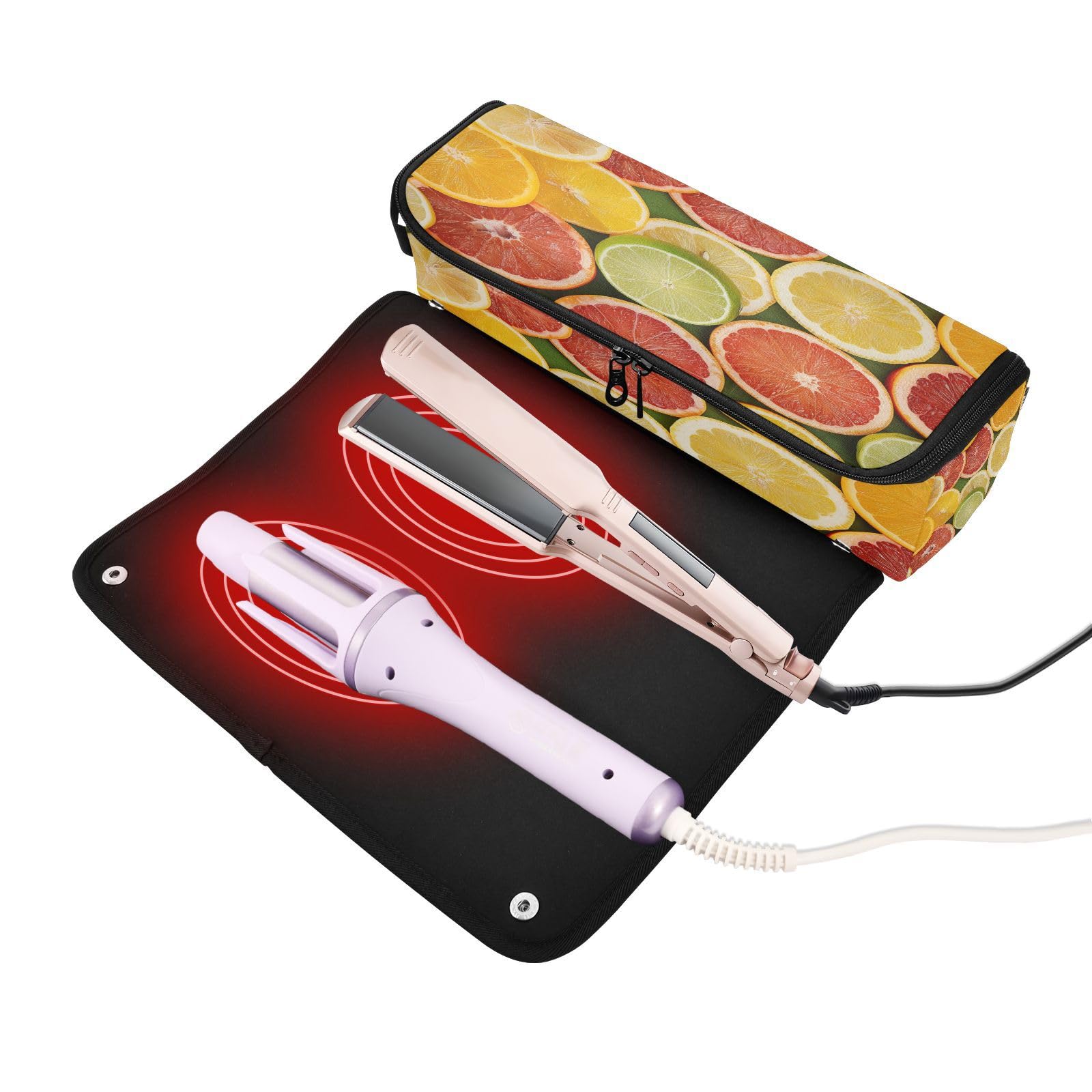 Bulletgxll Vibrant Lemons Hair Tools Travel Bag Portable Hair Accessory Organizer with Heat Resistant Mat 2 in 1 Curling Iron Travel Carrying Case, Travel Essentials for Women