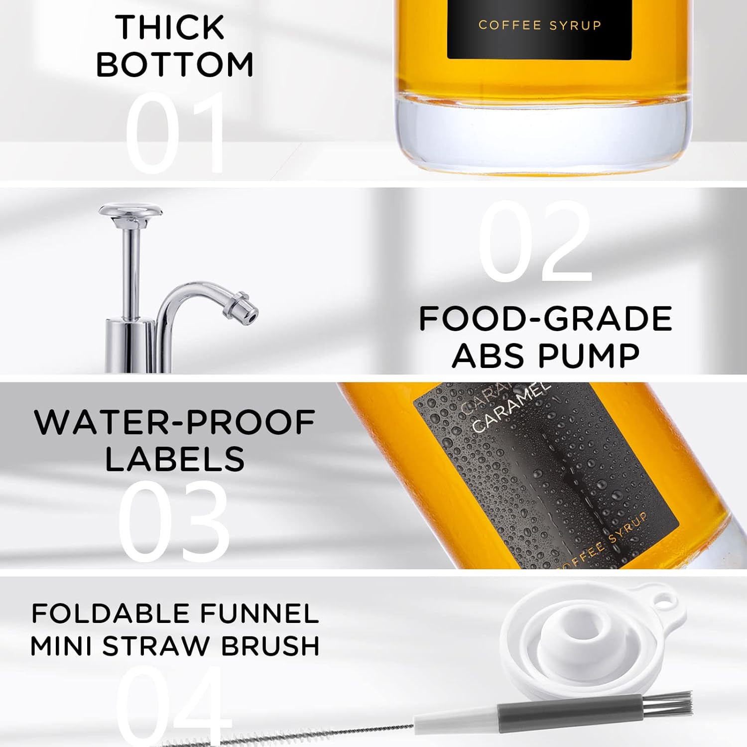 Joyfulmap 4 Coffee Syrup Dispenser, Silver Pump Dispenser with bottles for Coffee Bar accessories, Minimalist Glass Coffee Bottle for Simple Maple/Coffee Syrups,16.9 oz 500 ml (Silver)