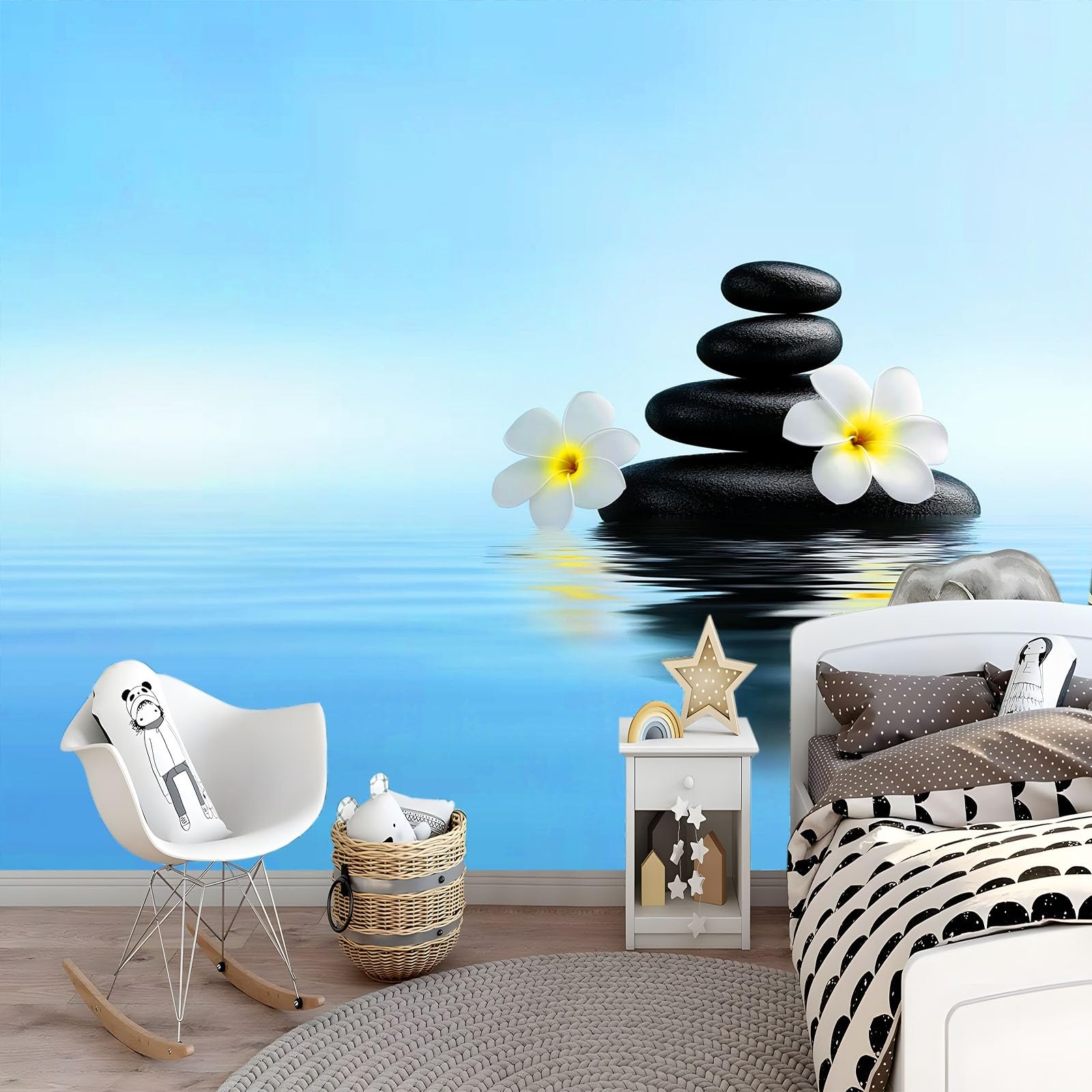Fototapeta Zen Frangipani - estetyka, kamień, natura, 200 x 140 cm, tapeta z włókniny, tapeta ścienna, odporna na promieniowanie UV, neutralna zapachowo, niebieska