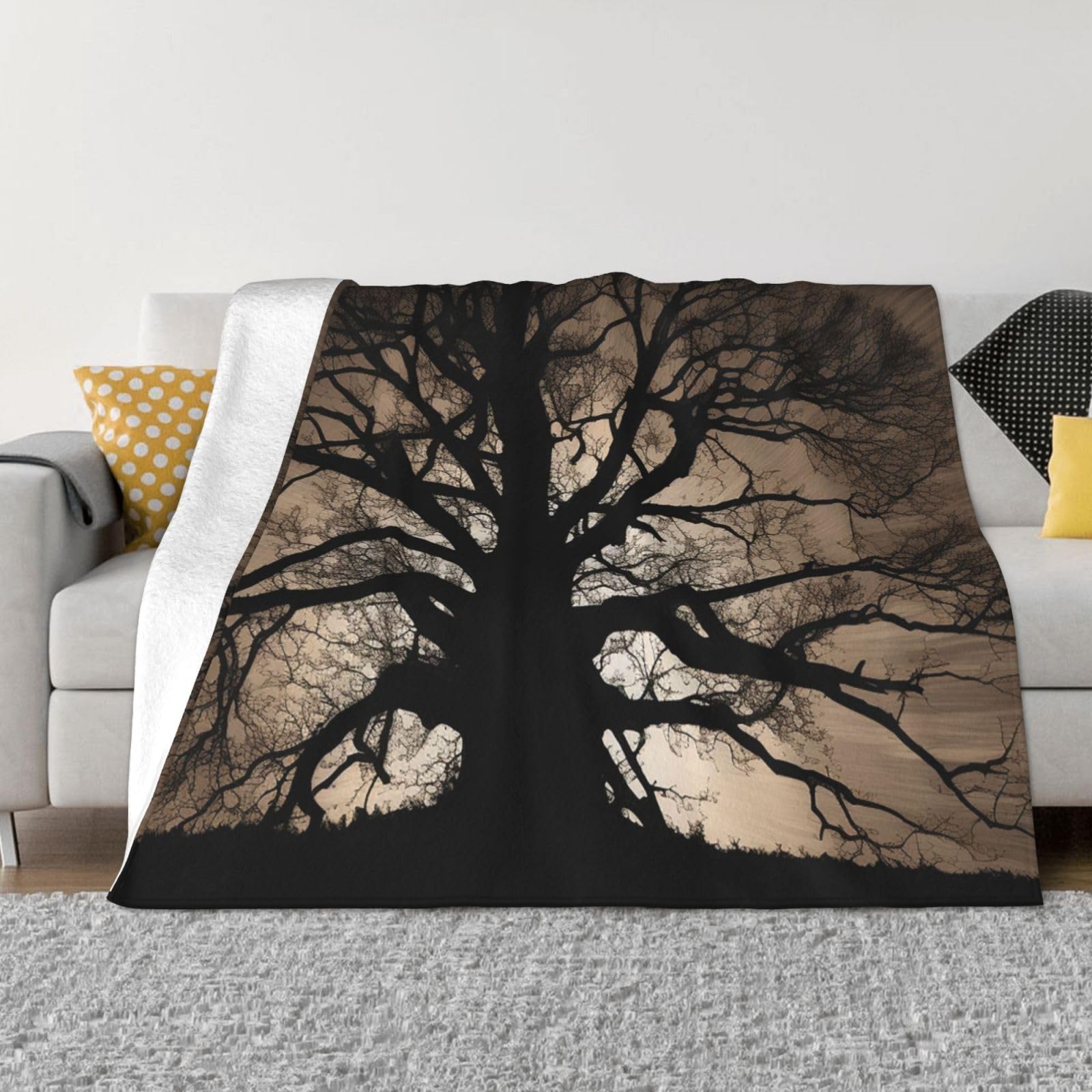Couverture polaire en flanelle 127x101 cm avec motif silhouette d'arbre pour lit et canapé