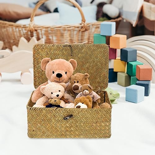 Miniatura 4 de BESPORTBLE Cesta de ratán con tapa, cestas de mimbre con tapa, cestas de almacenamiento de mimbre planas, cestas organizadoras tejidas con botón