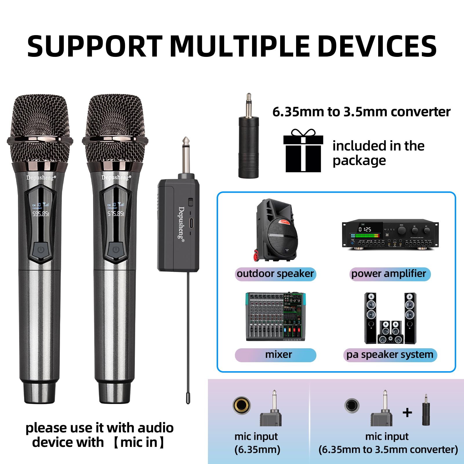 Depusheng Microphones sans fil, double système de karaoké, microphonos Inalambricos avec récepteur rechargeable, microphone dynamique sans fil pour chant, mariage, DJ, fête, discours