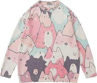 PENNY73 Men's Crewneck Sweater Cartoon Cat Print Long Sleeve Shirt Matching Couples Casual Knit Sweatshirt Unisex