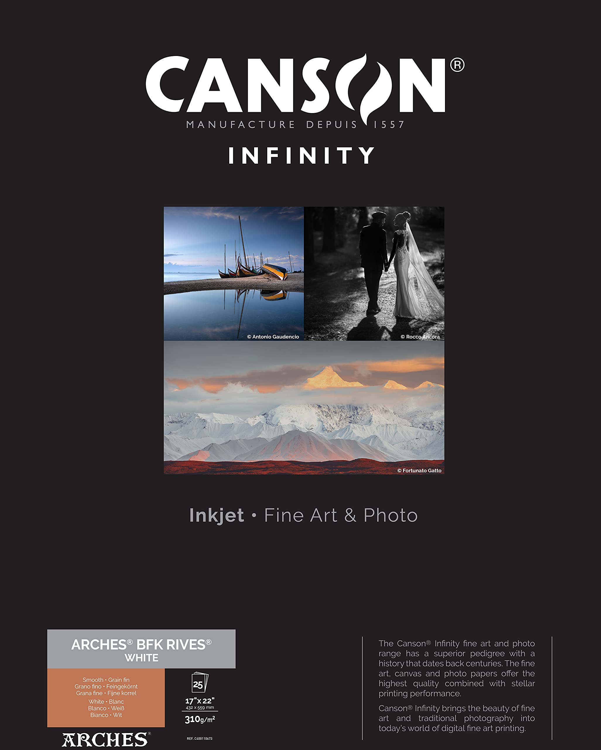 Canson Infinity Arches BFK Rives Soft Textured White Matte Inkjet Paper, 310gsm, 17" x 22", 25 Sheets