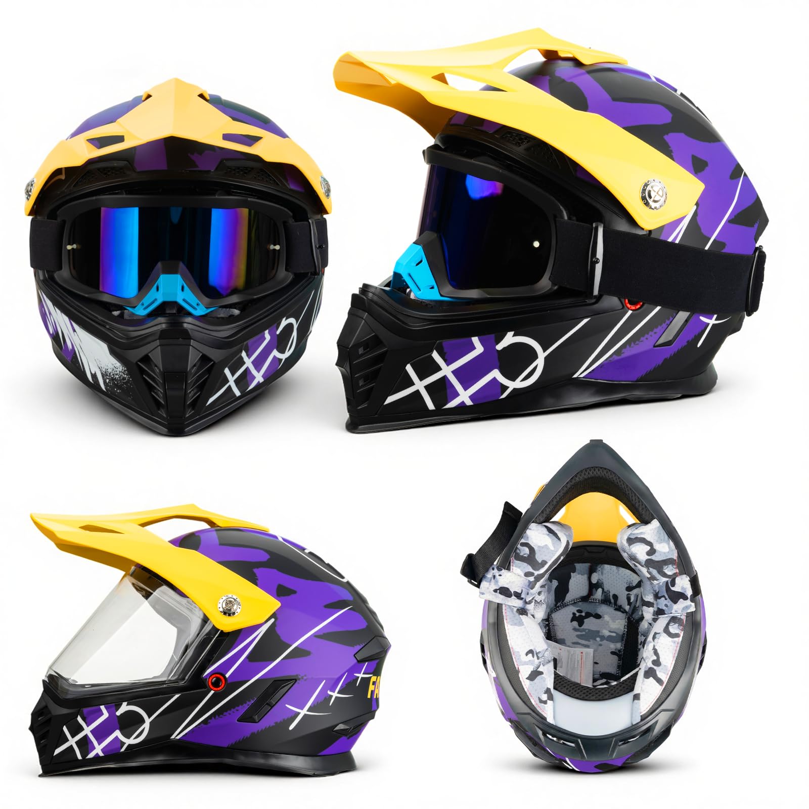 Favoto Casco Motocross Bambino con Occhiali – Protezione Professionale ECE 22.06 per Offroad, Cross e Dirt Bike, Viola-Giallo M (51–52 cm)