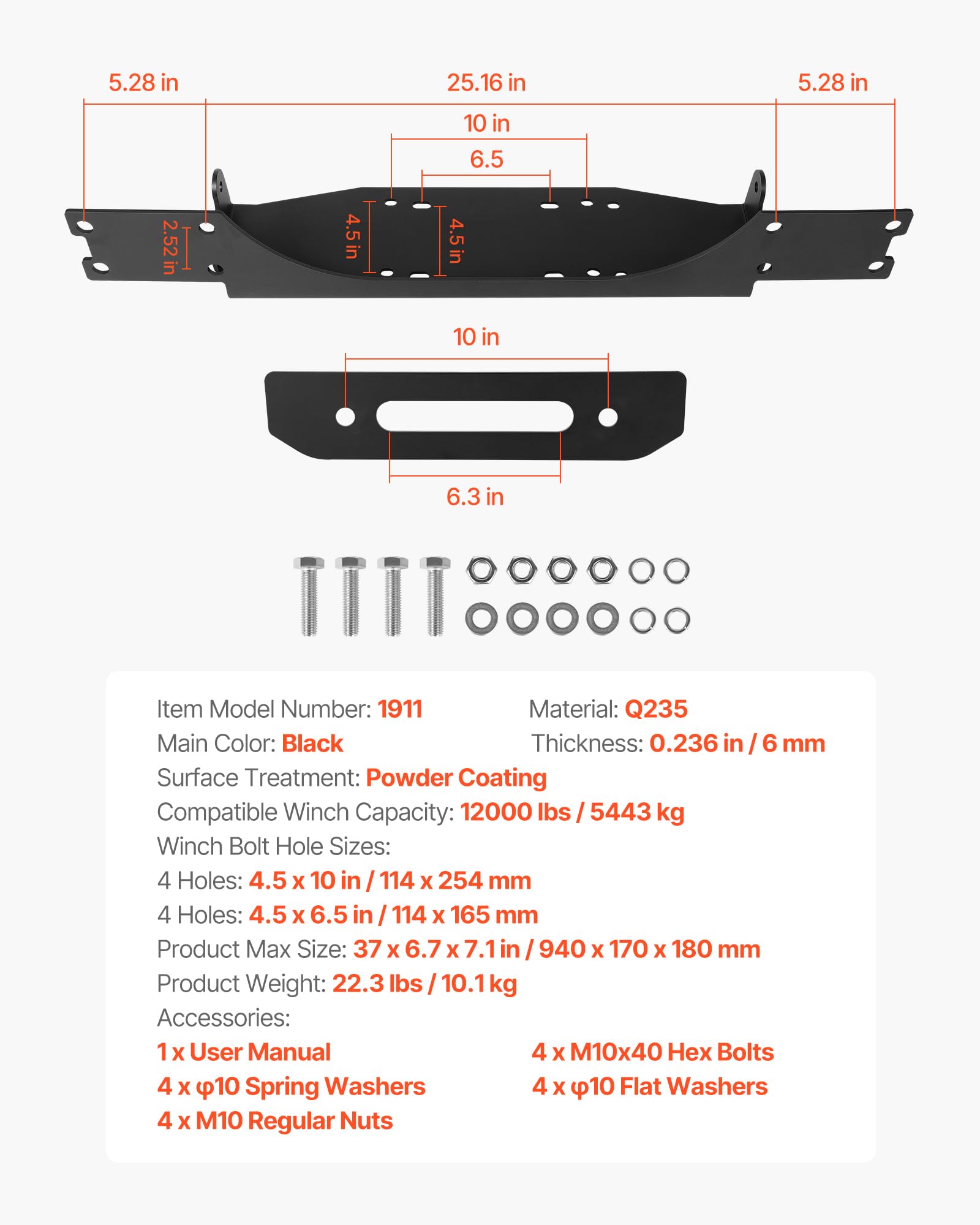 VEVOR Soporte de Cabrestante, Soporte de Enganche de Remolque para Modelos Jeep Wrangler JL/JLU y Gladiator JT Seleccionados (2018-2023), Diseño de 2 Orificios Capacidad de 5443 kg, Negro