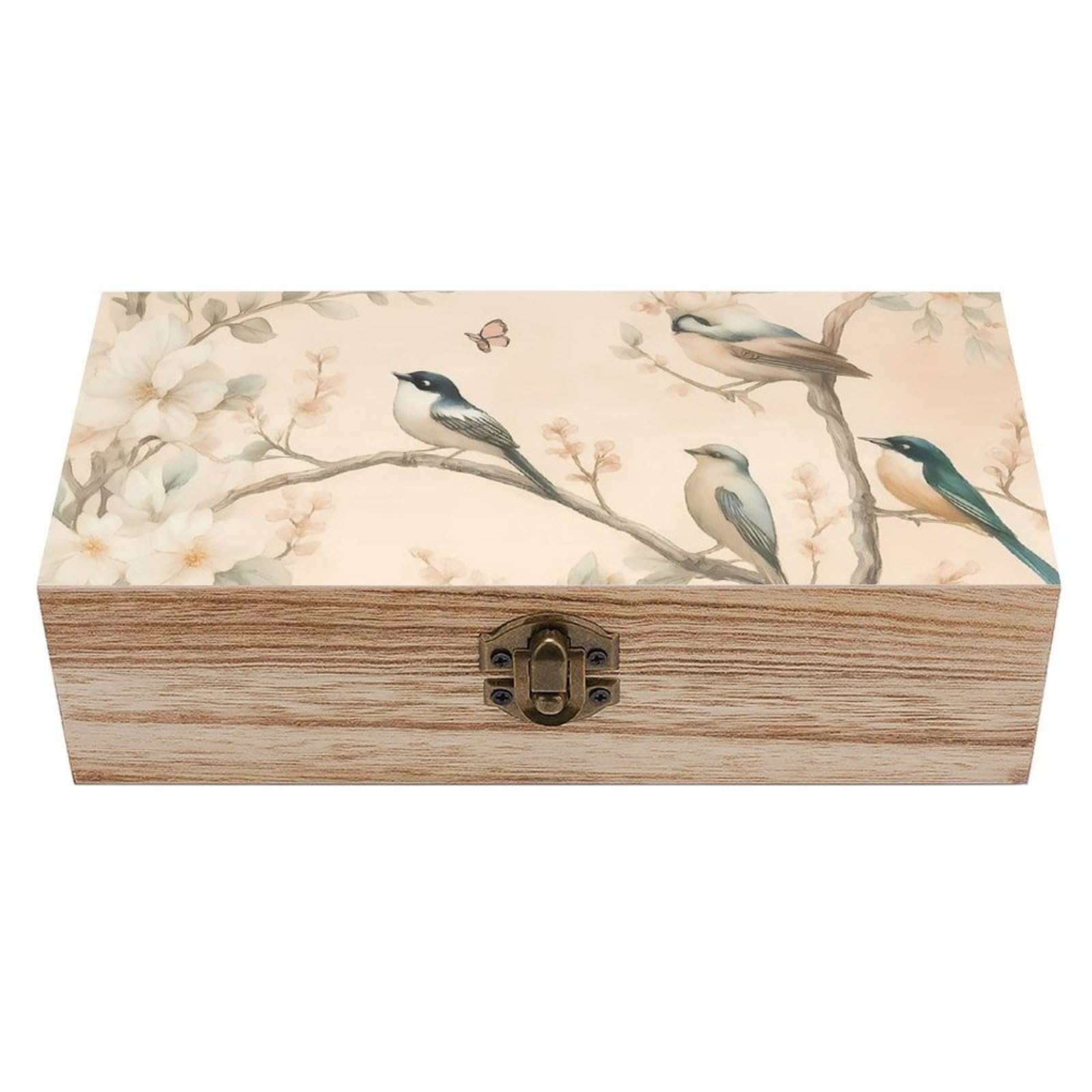 HLBSDM Vintage Spring Birds on Floral Branch Retro Wooden Storage Box Jewelry Art Gift Boxs Decorative Keepsake Boxes