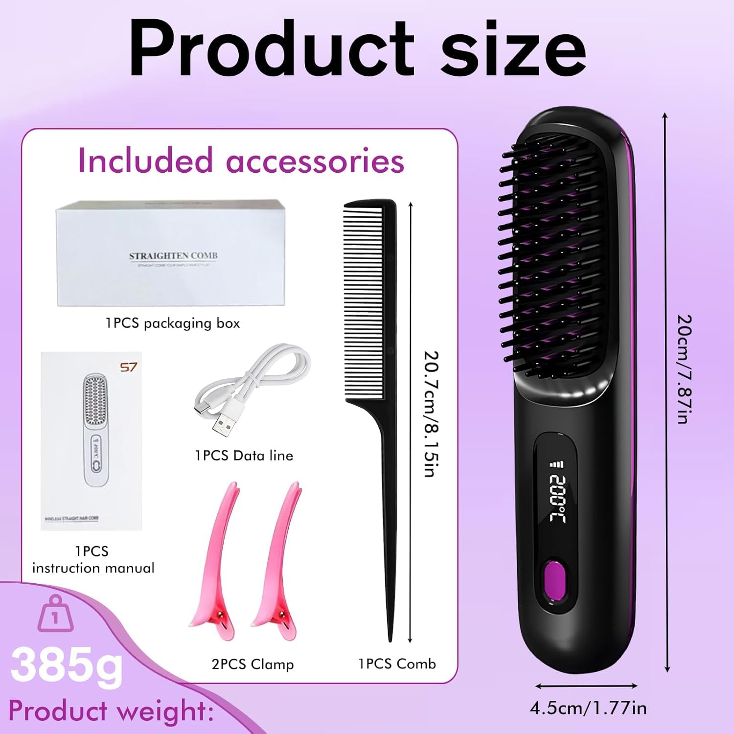 Brosse coiffante pour cheveux courts, brosse à cheveux électrique, brosse lissante sans fil avec affichage LED, 3 niveaux de température, portable, pour cheveux lisses et bouclés, idéale pour les