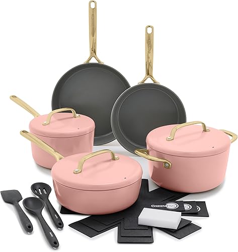 GreenPan GP5 - Juego de ollas y sartenes de 14 piezas, cerámica anodizada dura, antiadherente, sin PFAS, asas de champán, calibre pesado, superficie
