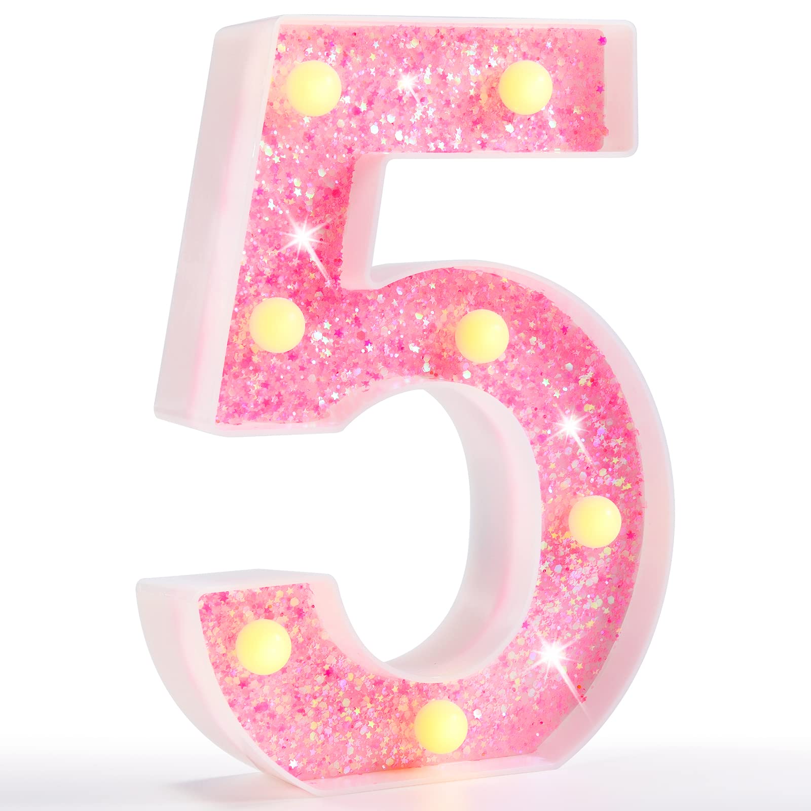 Pooqla Marquee Number Lights, Pink Light Up Numbers for Girls 5th 15th Birthday, Battery Powered Glitter Number Night Light Gift for Christmas Bedroom Dorm Party Decoration, Pink Number 5