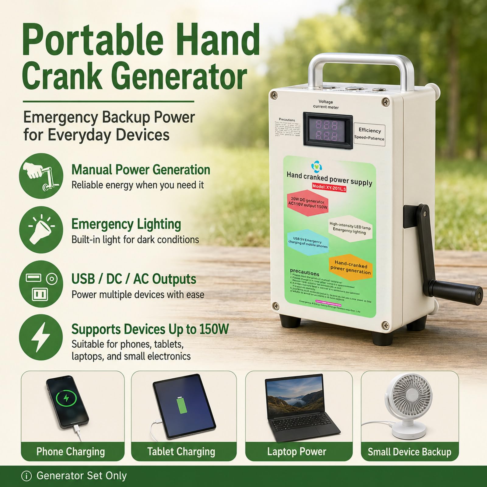 Generador De Manivela 150W/500W, Fuente De Energía De Emergencia Portátil 150W | Soporte USB, compatible con kits de supervivencia, generación manual de energía