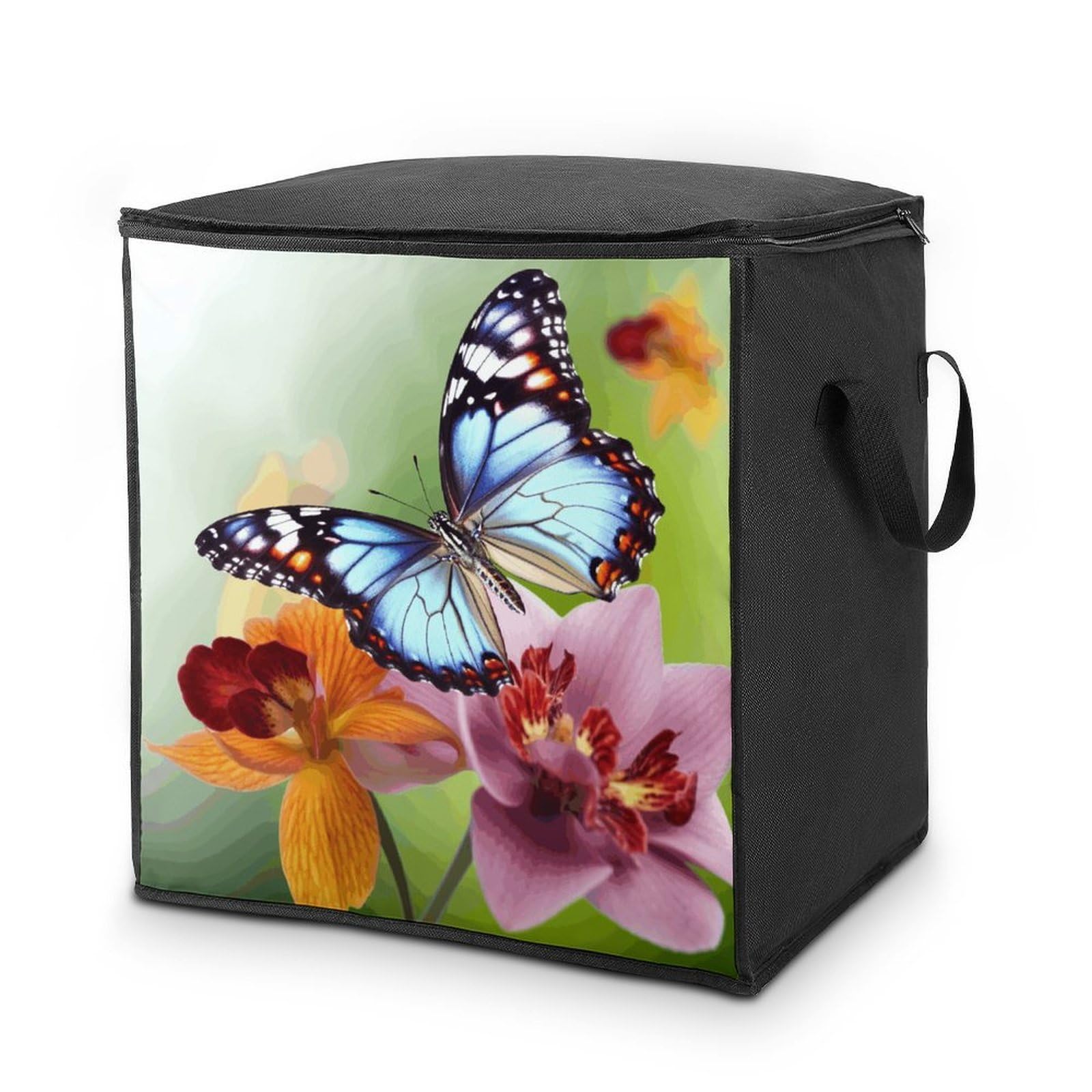 Flower Butterfly Storage Bag with Zippers And Handle Extra Large Bedding Comforter Storage Bag Foldable Blanket Storage Bags Fabric Moving Bags for Closet Organizer (70L)