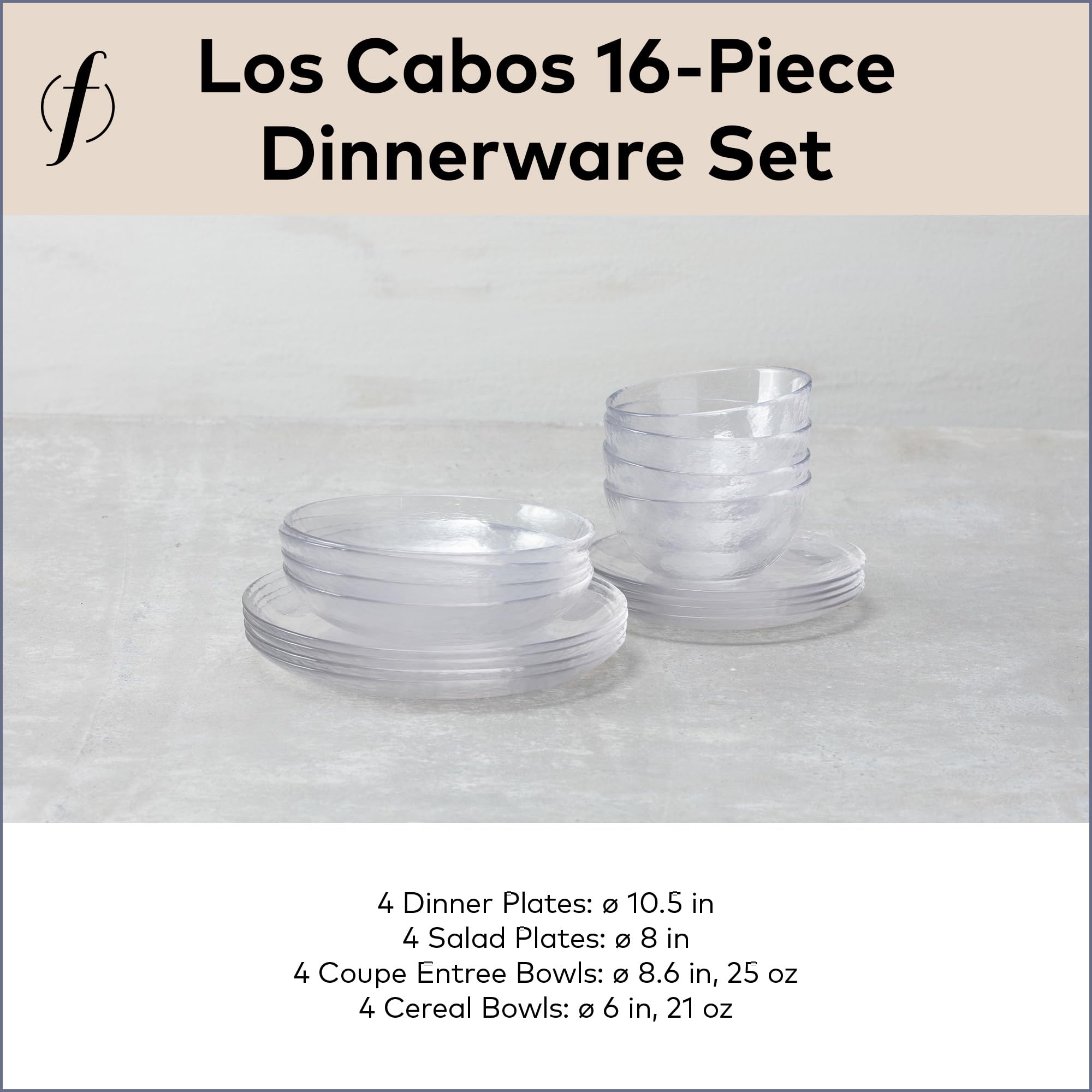 FORTESSA Los Cabos Geschirr 16-teiliges Glasgeschirr Set mit 4 Speisetellern, 4 Salattellern, 4 Coupé-Schalen und 4 Müslischalen, spülmaschinenfestes Glasteller-Set - Klar