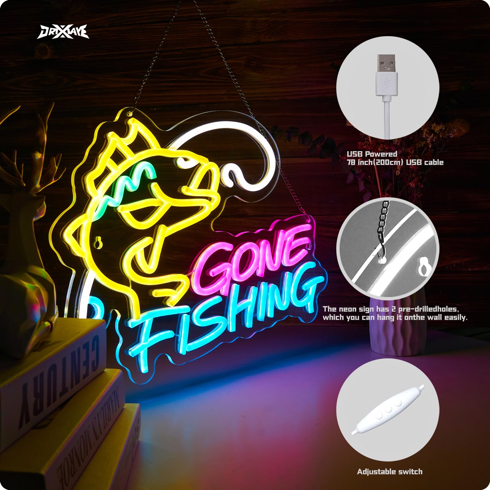 Letrero de neón de pesca para decoración de pared, tienda de artículos de pesca, tienda de aparejos de pesca, sala de club, cueva de hombre, 5 V/2 A, alimentado por USB, regulable