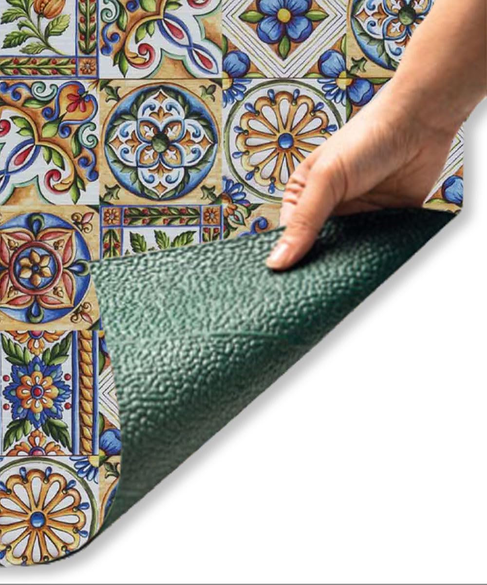 Tapis côtière anti-taches antidérapant, lavable en machine, 52 x 450 cm, tapis de cuisine, salle de bains, entrée polyvalente, motif carreaux amalfitains azulejos