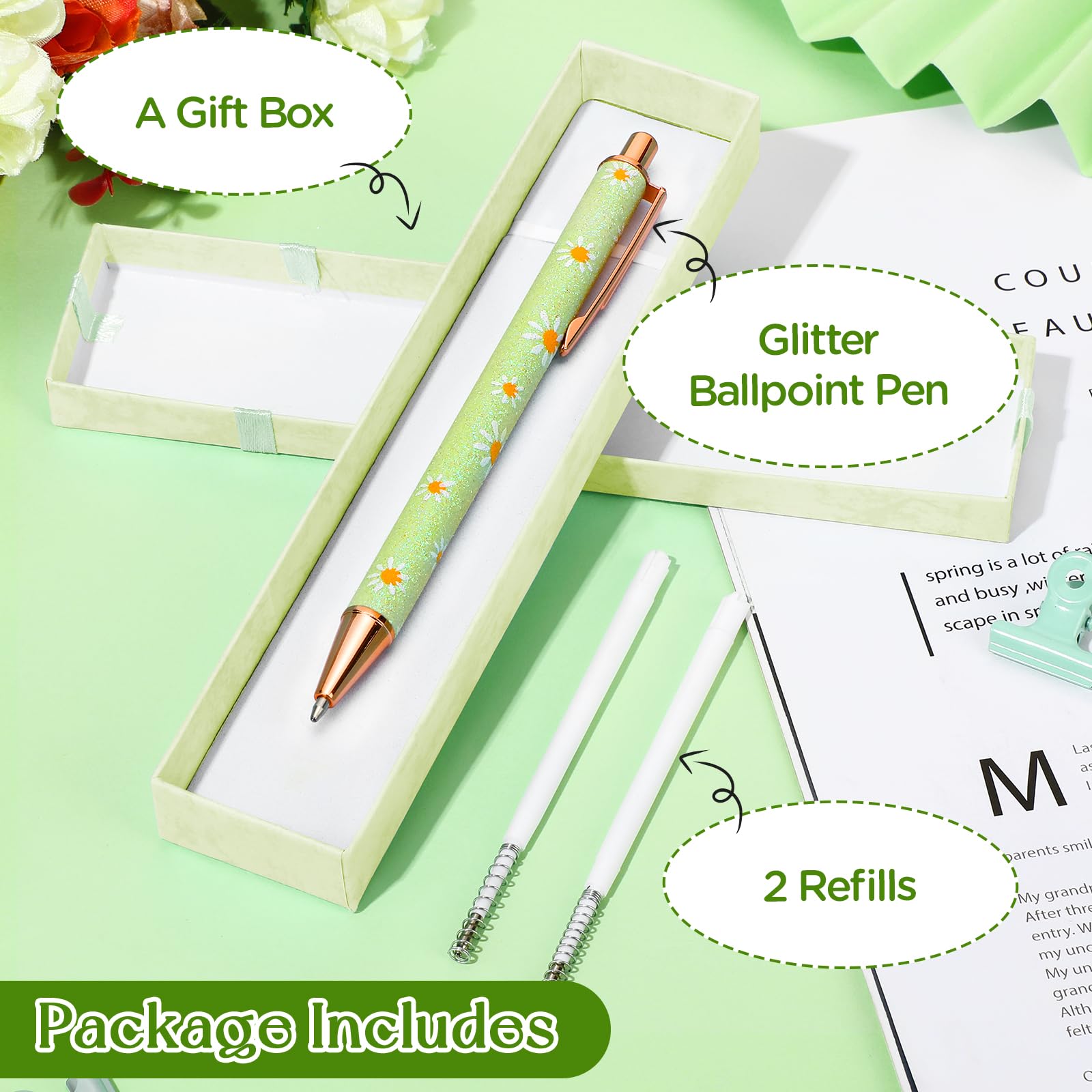 1 Piece Sparkly Floral Pens Gift Set,Floral Pen,Bling Metal Floral Pen,Shiny Daisy Ballpoint Pen,Smooth Writing,Black Ink Retractable Ballpoint Pens,Pretty Flora Pens for Women (Candy Green) - Image 3