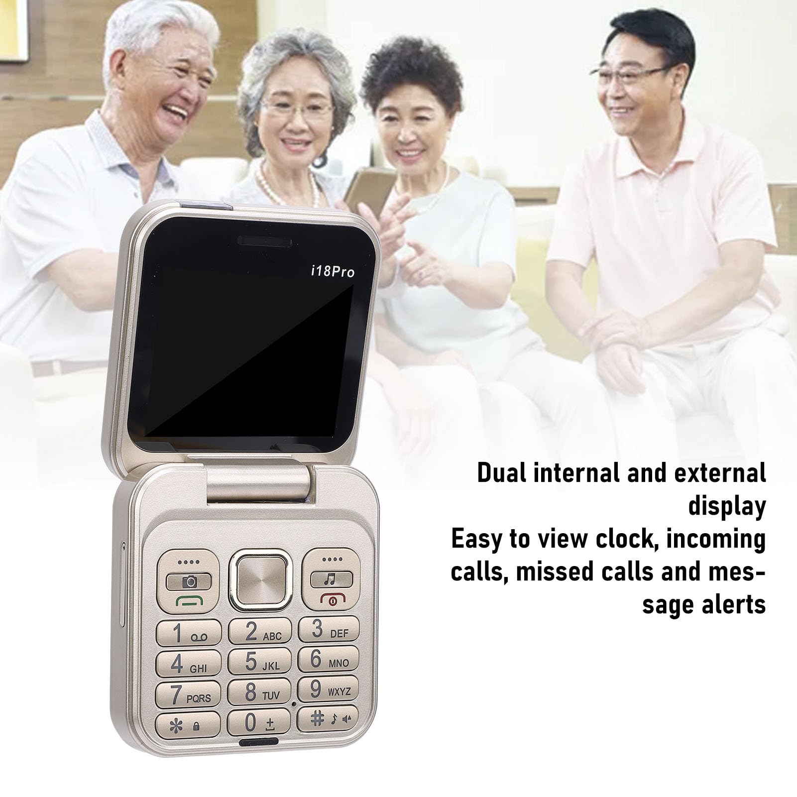 Luocute Cellulare Flip, Telefono Cellulare Pieghevole Dual SIM con Schermo da 2,4 Pollici con Pulsanti Grandi e Display a Doppio Schermo, Lettura Chiara e un Uso Multifunzionale, (GOLD)
