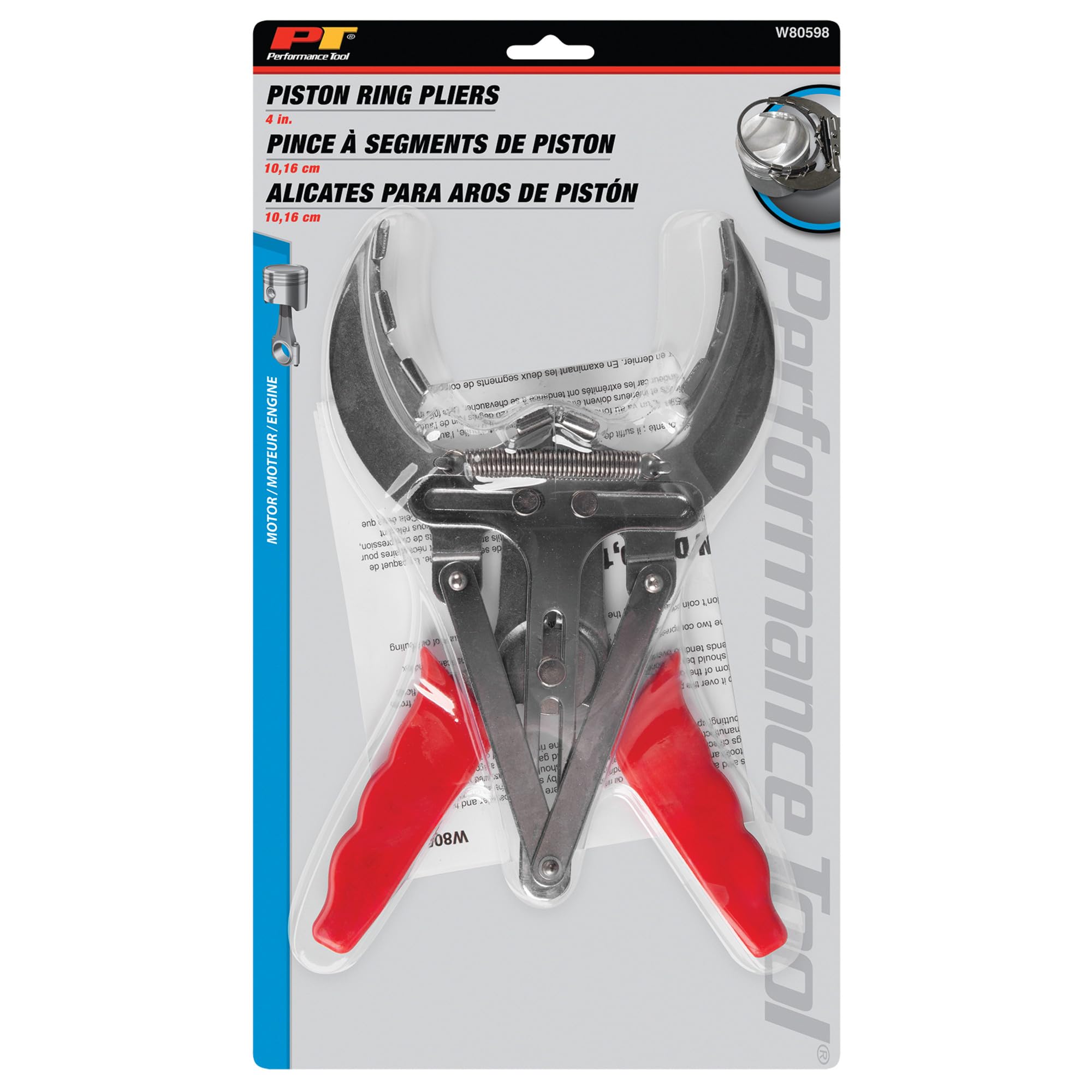 Performance Tool W80598 - Alicates de anillo de pistón de 4 pulgadas, acero de aleación, agarre acolchado de plástico, herramienta de revisión del motor, rojo