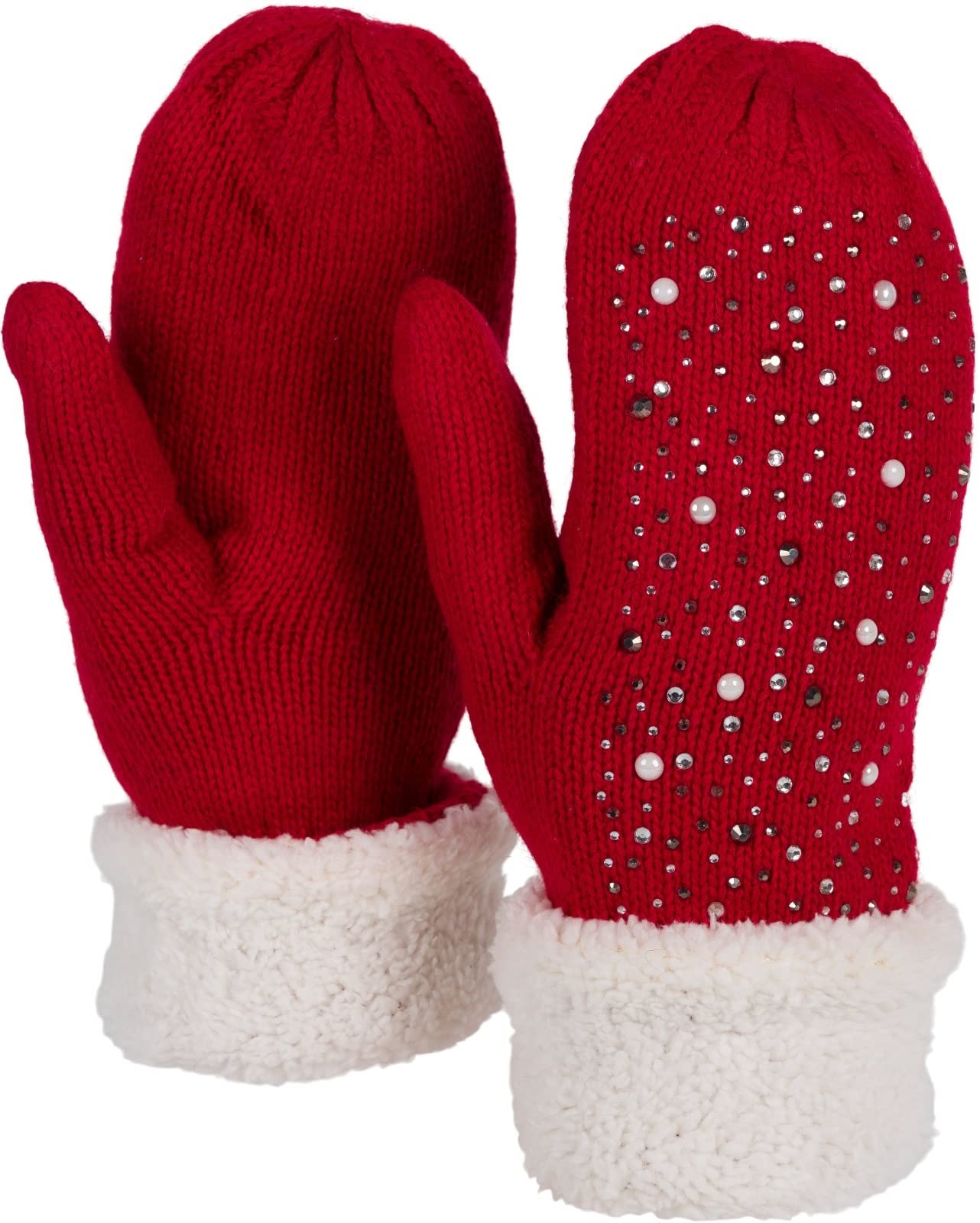 Stylebreaker Women's Red Warm Winter Knitted Mittens With Rhinestones And Pearls, Gloves, Thermo Fleece, Knitted Gloves 09010039, Colour: