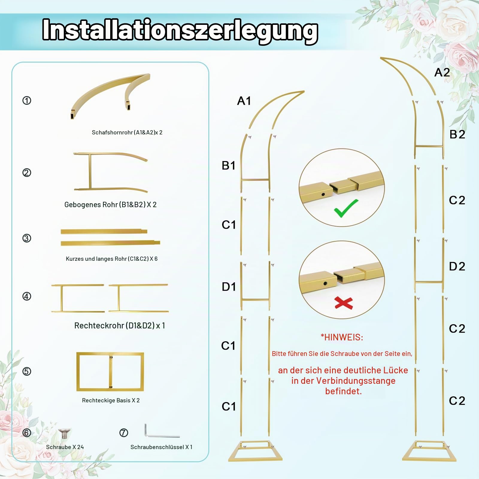 PlusFive Hochzeitsbogen Set (2 m & 2,1m) Traubogen Hochzeitsbogen Gestell Ballonbogen Gewölbter Hintergrundrahmen Wedding Arch für Hochzeit Zeremonie, Geburtstag, Babyparty, Hintergrunddekoration