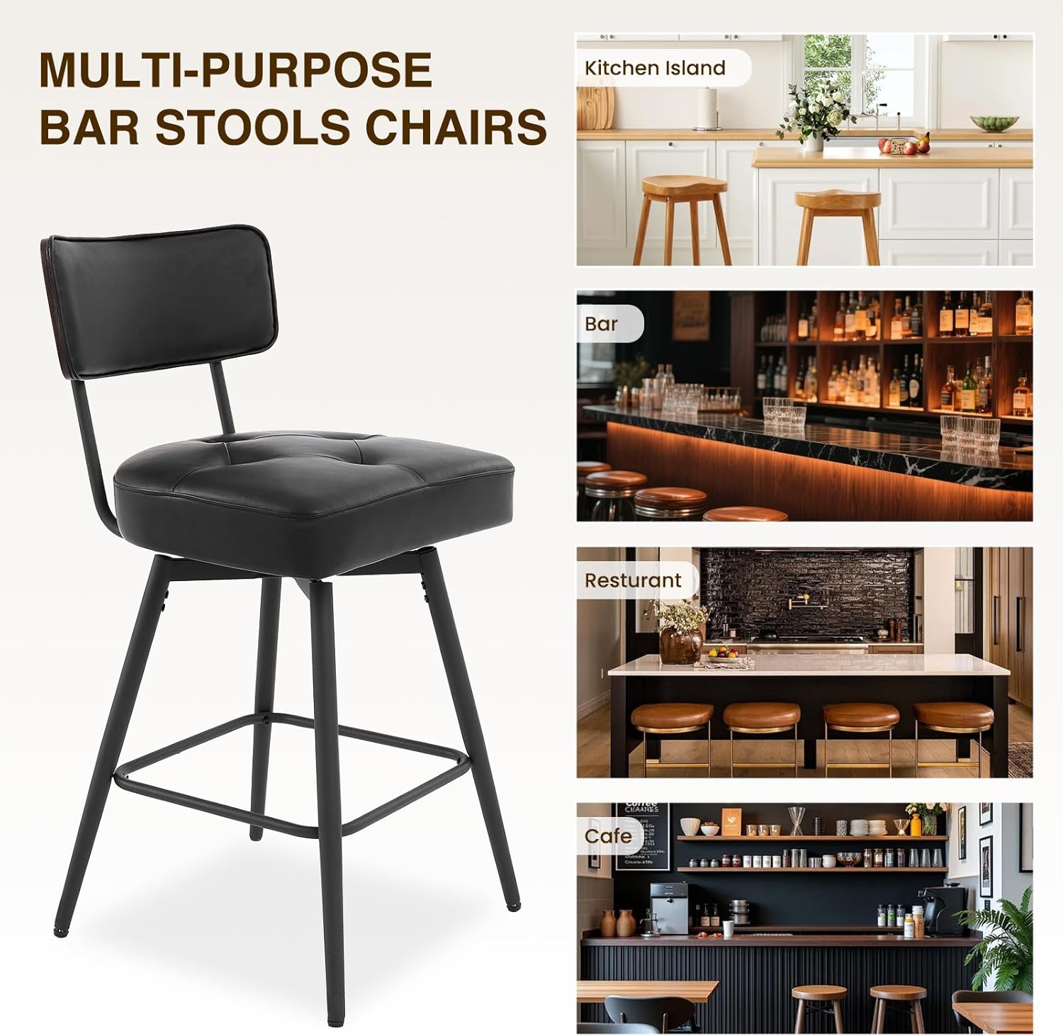 kinmars Bar Stools Set of 3, Counter Height Bar Stools, Modern 360°Swivel Counter Stools with Metal Legs, Leather Barstools for Kitchen Counter