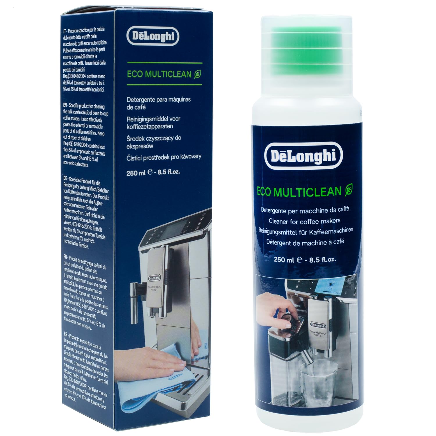 Aquafloow Kit d'entretien compatible avec DeLonghi Machine à Café – 3x Filtre à Eau (remplace DLSC002), DeLonghi EcoDecalk Détartrant (500ml) & Eco MultiClean (250ml) – Set de Nettoyage Complet
