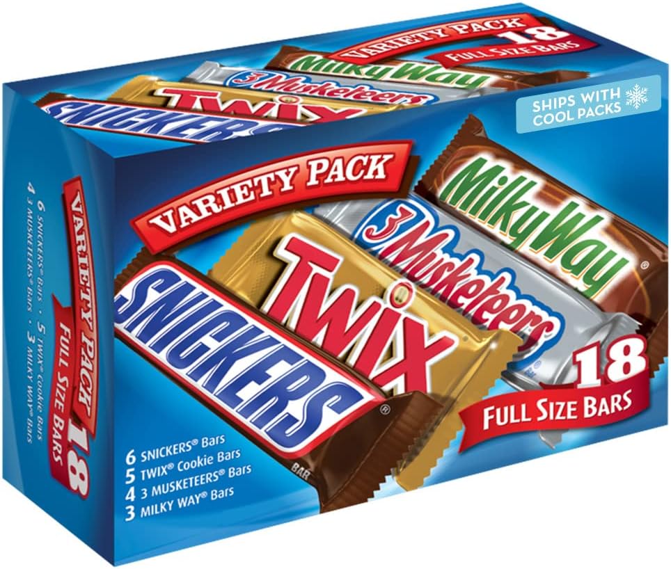 SNICKERS, TWIX, MILKY WAY & 3 MUSKETEERS Individually Wrapped Variety Pack Full Size Milk Chocolate Candy Bars Bulk Assortment, 33.31 oz, 18 Bars
