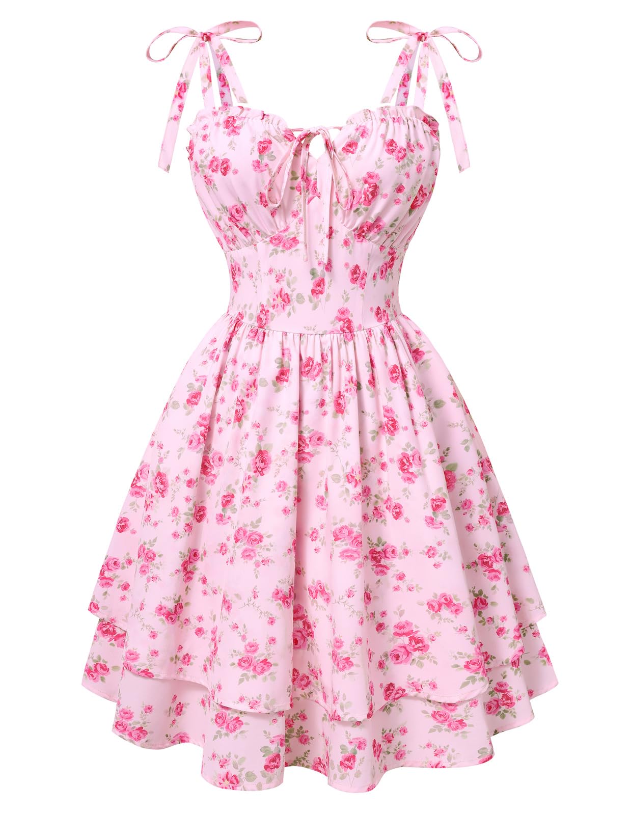 Scarlet Darkness Damen Floral Kleid Teens Sommer Verstellbare Krawatte Schulter Korsett Sundress Tiered Saum Minikleider Rosa Rosa Blumen XL