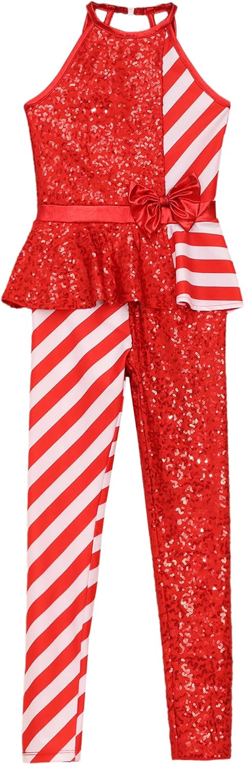 Hansber Kids Girls Sequins Shiny Gymnastics Leotard One Piece Ballet Dance Unitard Christmas Candy Cane Costume