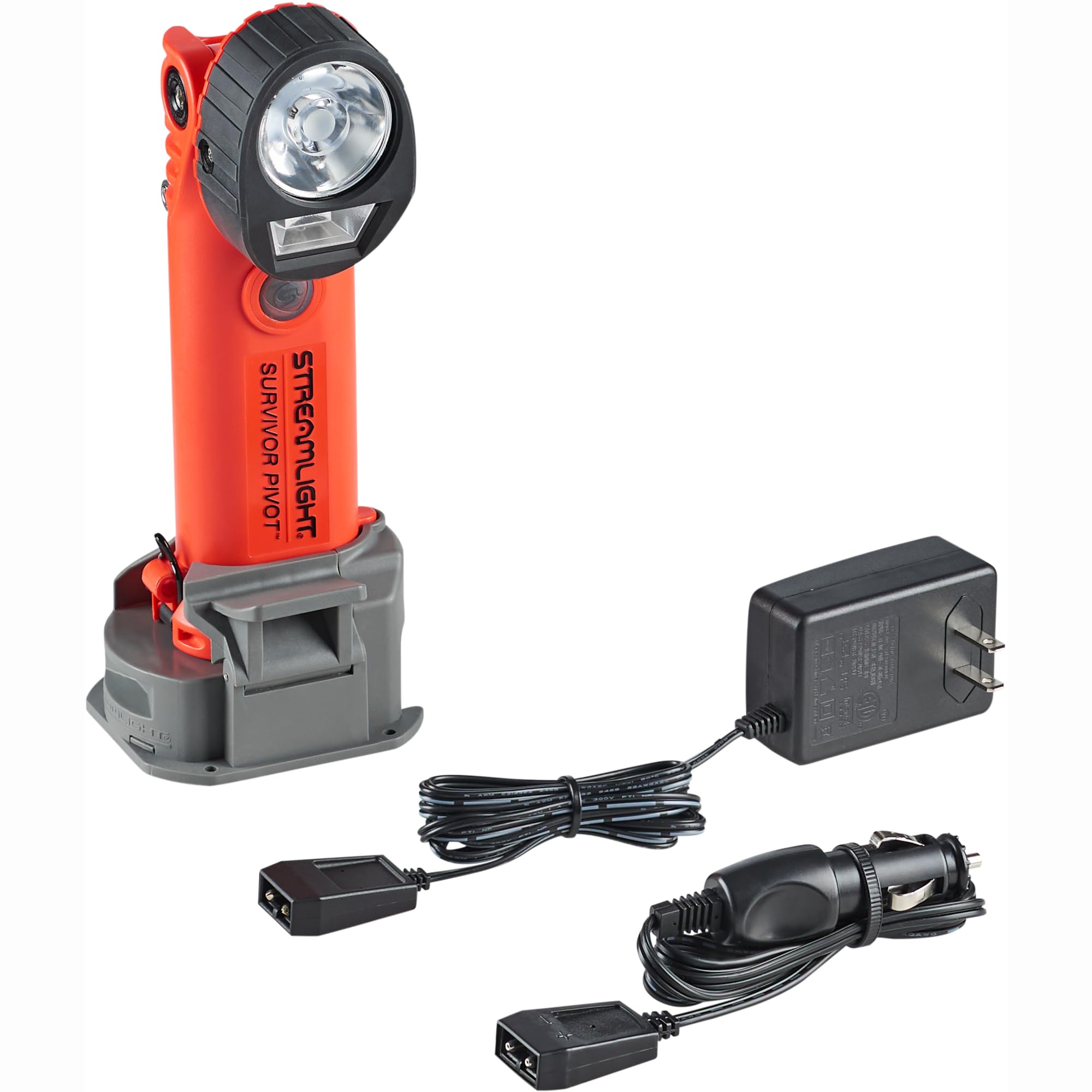 Streamlight 91802 Survivor Pivot 325-Lumen Right Angle Articulating Dual Beam Rechargeable Flashlight with 120V/100V AC/12V DC and Clip, Orange