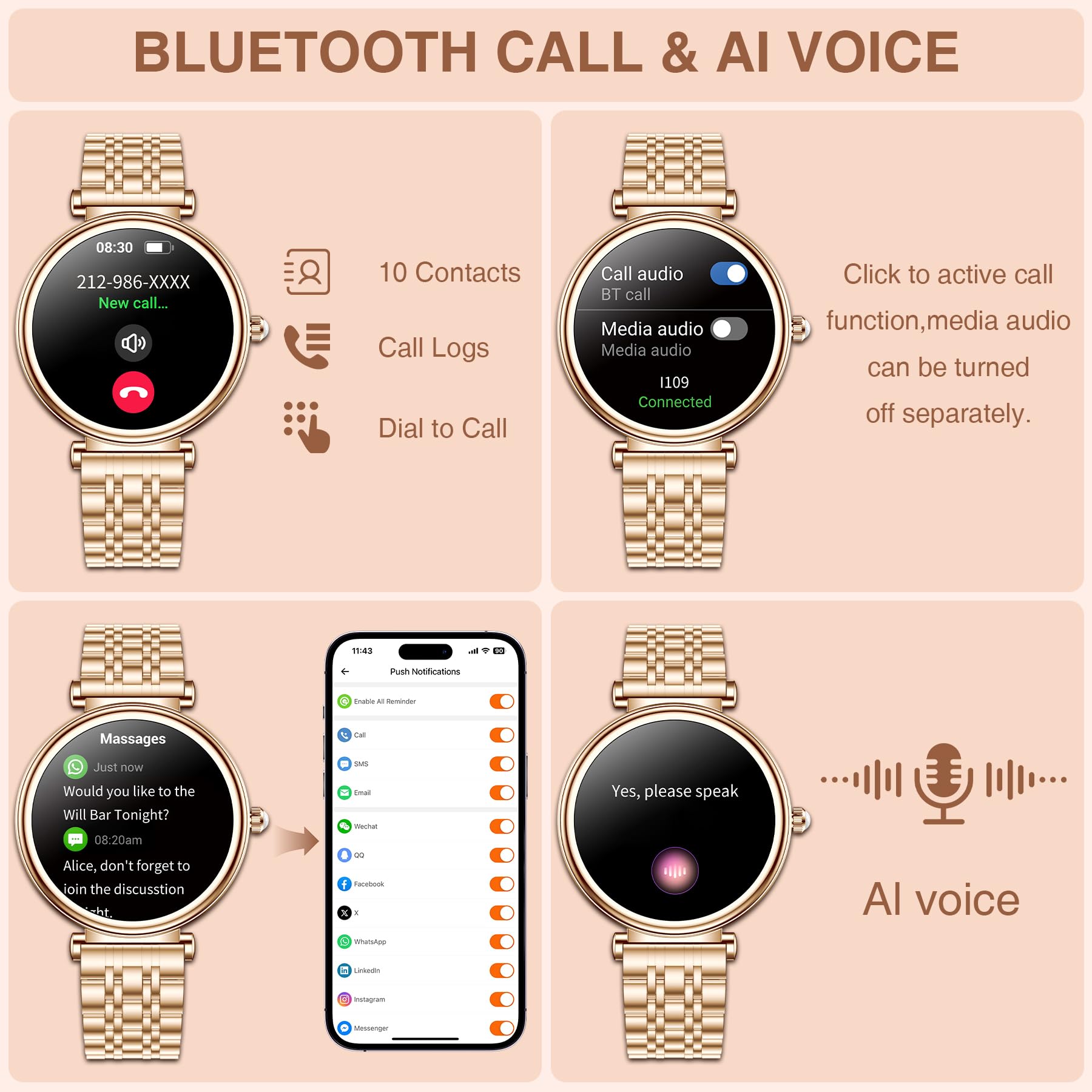Betatree Smartwatch Donna con Effettua/Risposta Chiamate, 1,27" Orologio Digitale Fitness, 120+ Sportive Contapassi/Cronometro, Sonno/Cardiofrequenzimetro, Impermeabile IP67 Android/iOS Smart Watch