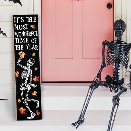 Halloween Porch Sign - Decorative Skull Decor Hanging Wooden Welcome Sign for Fall