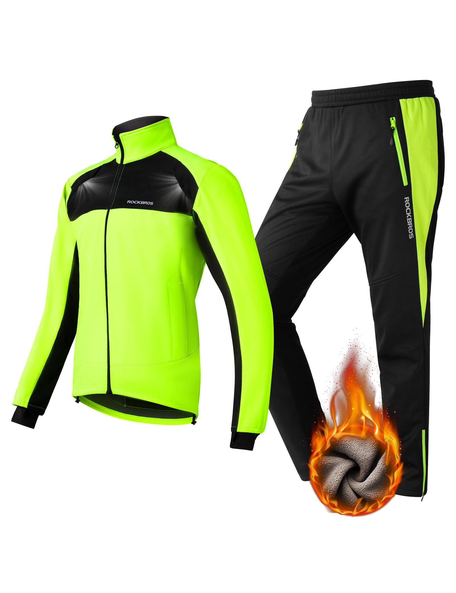 ROCKBROS Ensemble Veste+Pantalon de Vélo Thermique Hiver Vêtements de Vélo Molleton Polaire Coupe-Vent Respirant Réglable Activité Plein Air Cyclisme Escalade Randonnée Camping Course Vert Fluo M-4XL