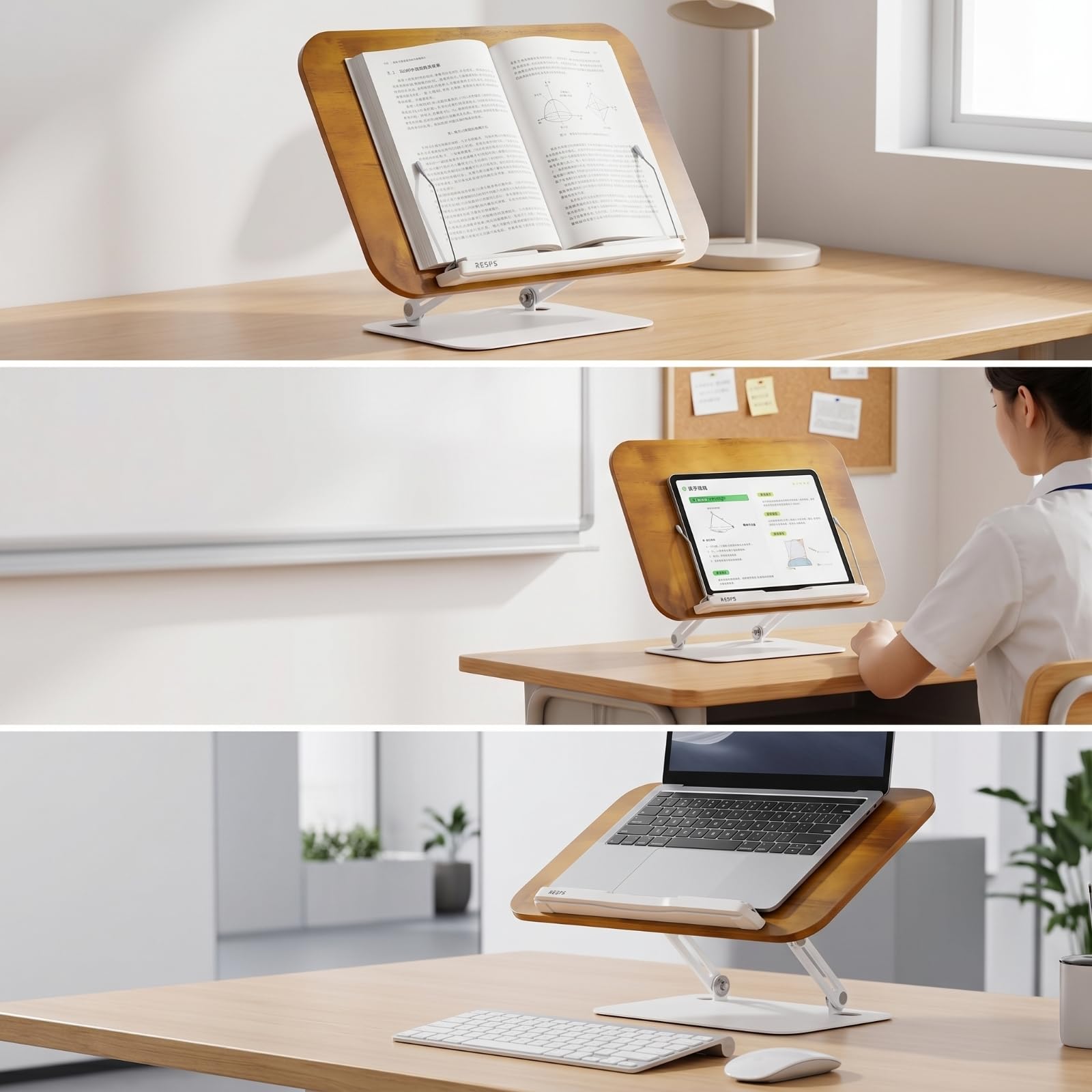 Almencla Buchständer Faltbarer Desktop Ständer Holz Metall Laptophalter Buchstütze Dokumentenständer mit Solider Konstruktion Sicherer Halt Ergonomisch, Flaggschiff-Modell