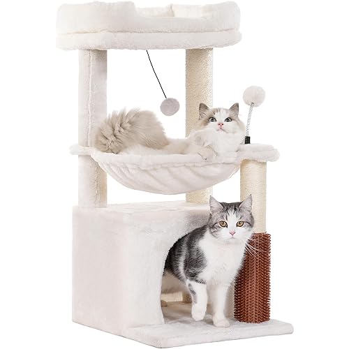 Cat Tree 32 Inches Small Cat Tree for Large Cats Adult Cat Tower with Scratching Post,15.7”Large Hammock and Self Groomer, and Removable Top Perch and Wide Condo for Indoor Cats-Beige
