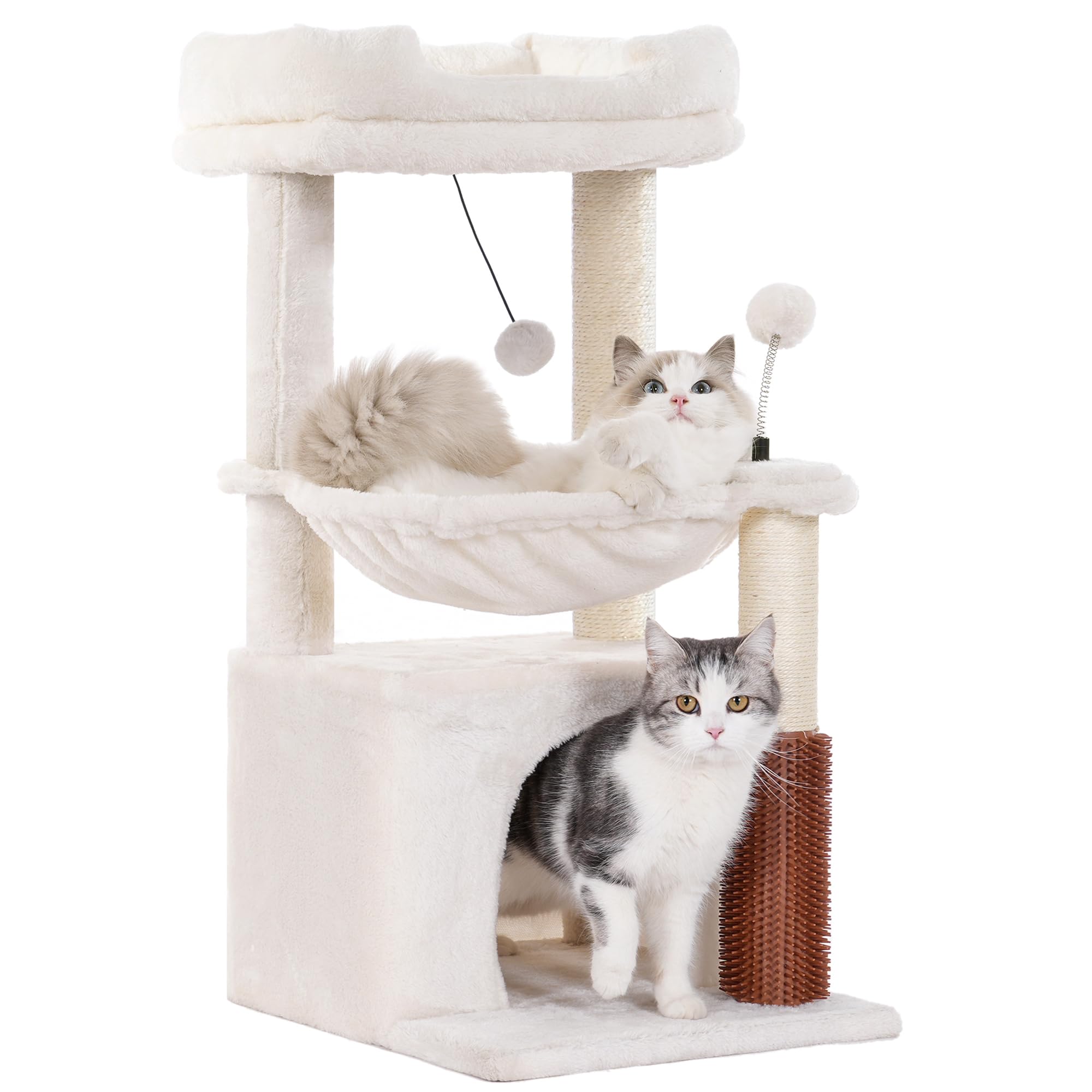 Pawfessor Cat Tree 32 Inches Small Cat Tree for Large Cats Adult Cat Tower with Scratching Post,15.7”Large Hammock and Self Groomer, and Removable Top Perch and Wide Condo for Indoor Cats-Beige