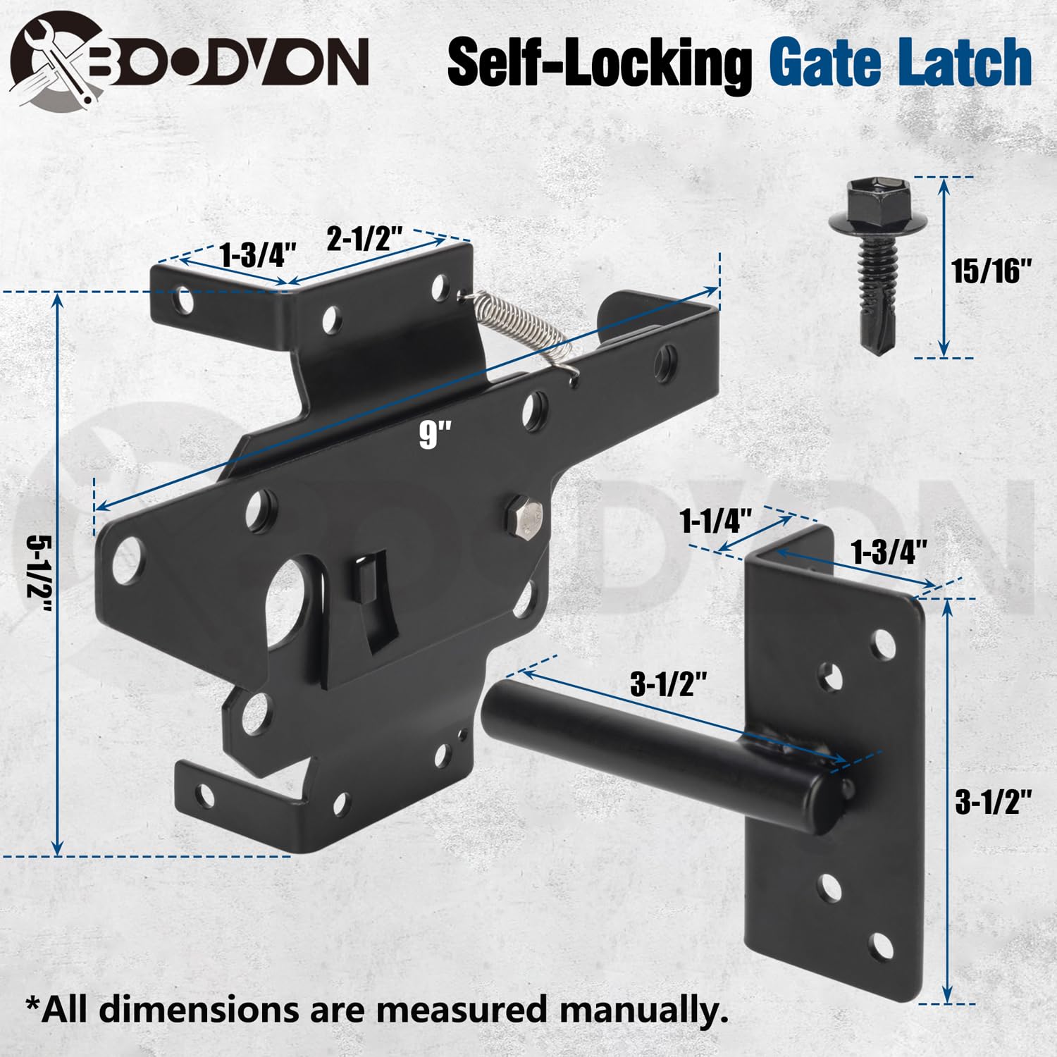 BOODVON Self Locking Gate Latch - Heavy Duty Gravity Latch For Wooden Fence, Pool, Yard, Black