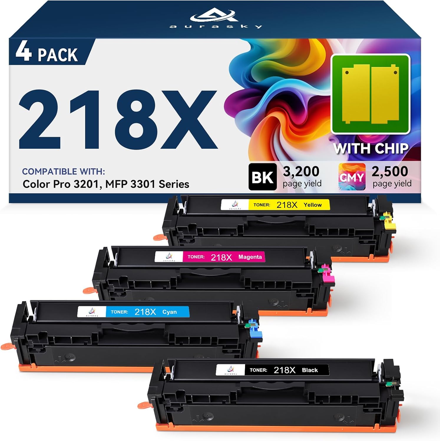 218X High Capacity Compatible Toner Cartridges with Chip Replacement for HP 218X W2180X 218A Works with 3201 3201DW MFP 3301 3301cdw 3301fdw 3301sdw Series Printer 4-Pack Color