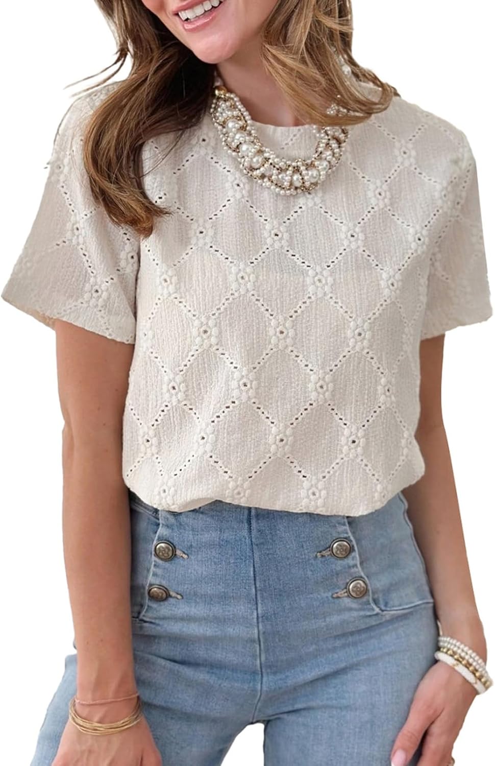 Dokotoo Women's Tops Casual Scoop Neck Short Sleeve Eyelet Embroidered Hollow Out Blouses Shirts