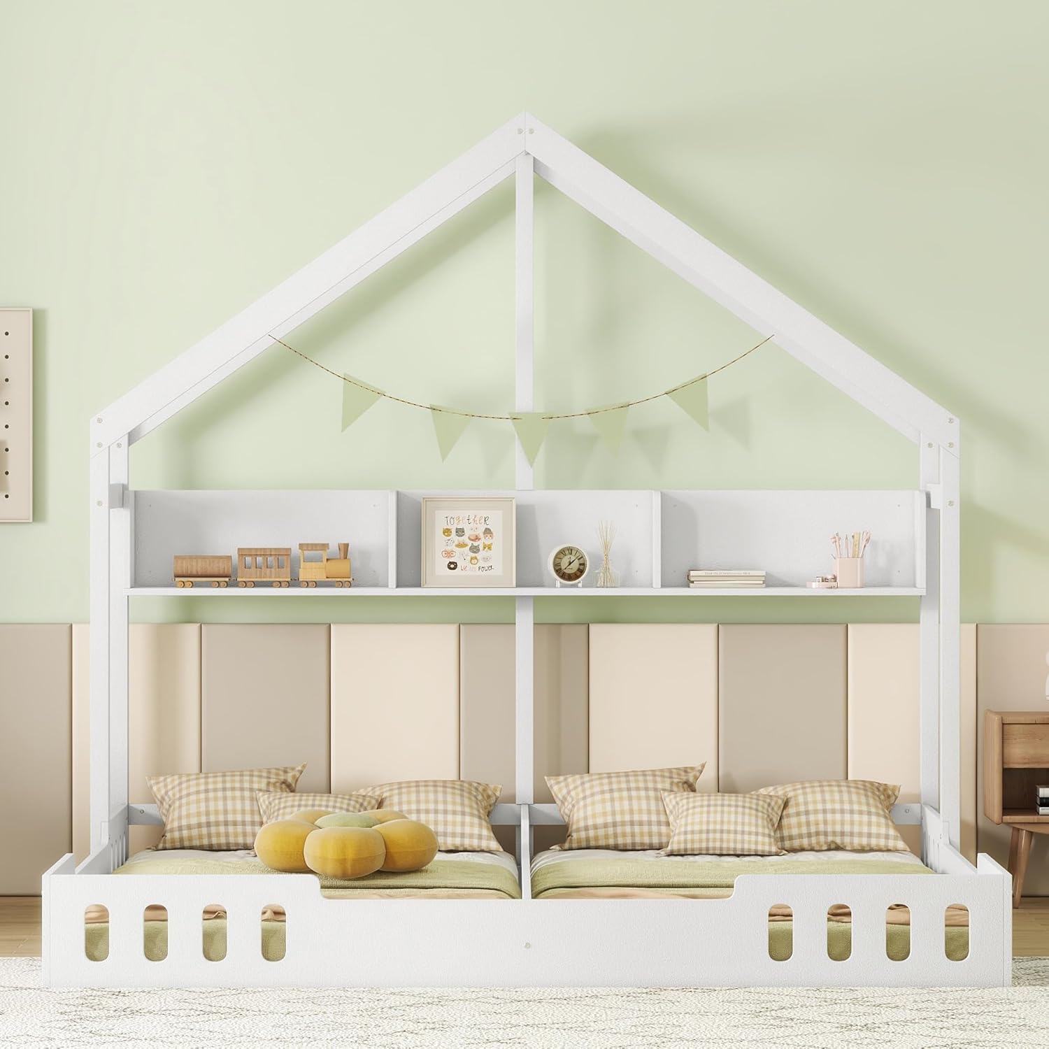 Harper & Bright Designs Twin House Bed for Kids,Wood Double Twin Beds Frame with Shelves and Guardrail, Monressori Floor Bed Two Shared Beds with Rails for Girls or Boys, Creamy White