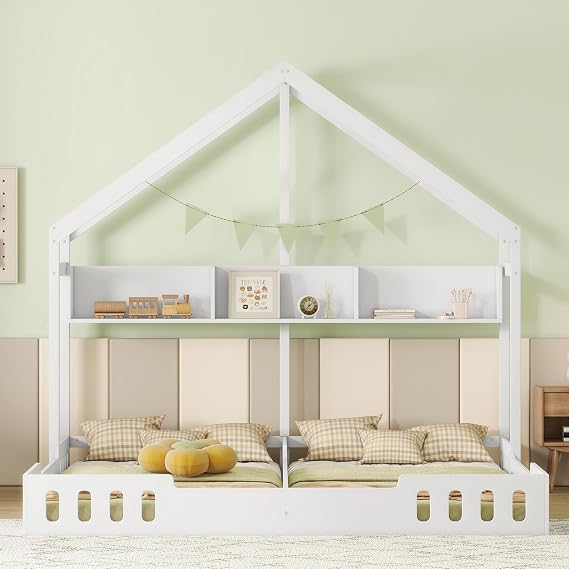 Double Montessori Floor Bed Twin Size,House Floor Bed for Toddlers,Kids,Two Shared Beds with Open Storage Shelves and Fence Guardrails,Solid Wood Frame,Creamy White