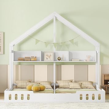 Double Montessori Floor Bed Twin Size,House Floor Bed for Toddlers,Kids,Two Shared Beds with Open Storage Shelves and Fence Guardrails,Solid Wood Frame,Creamy White