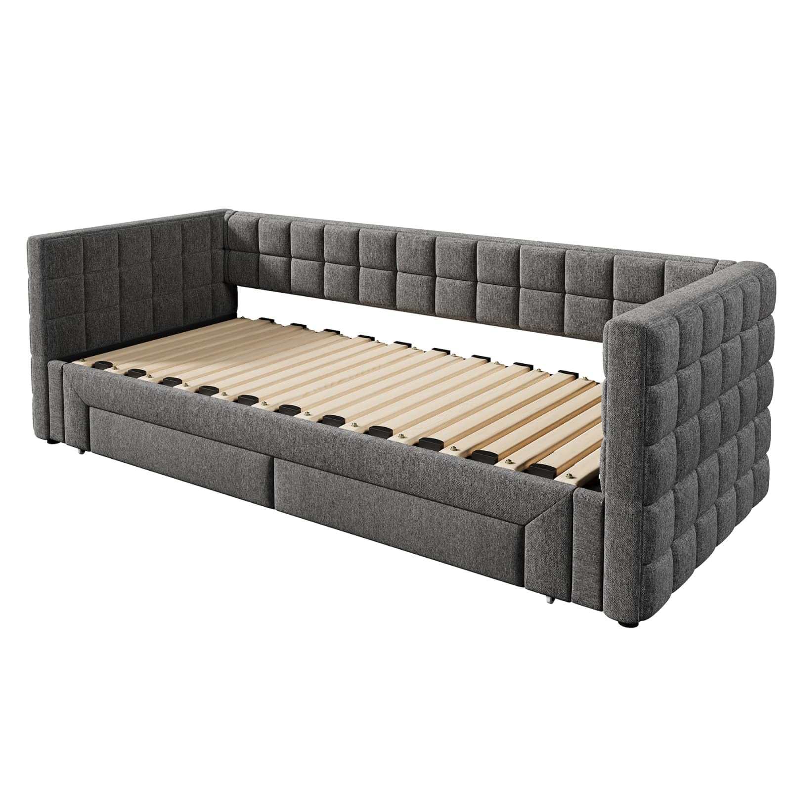 PUGSDRLY Canapé Lit Convertible 90/180x200cm avec 2 Tiroirs,canapé lit 2 Places Convertible Multifonctionnel,capitonné,sommier à Lattes,Tissu Velours,sans Matelas (Gris-B)