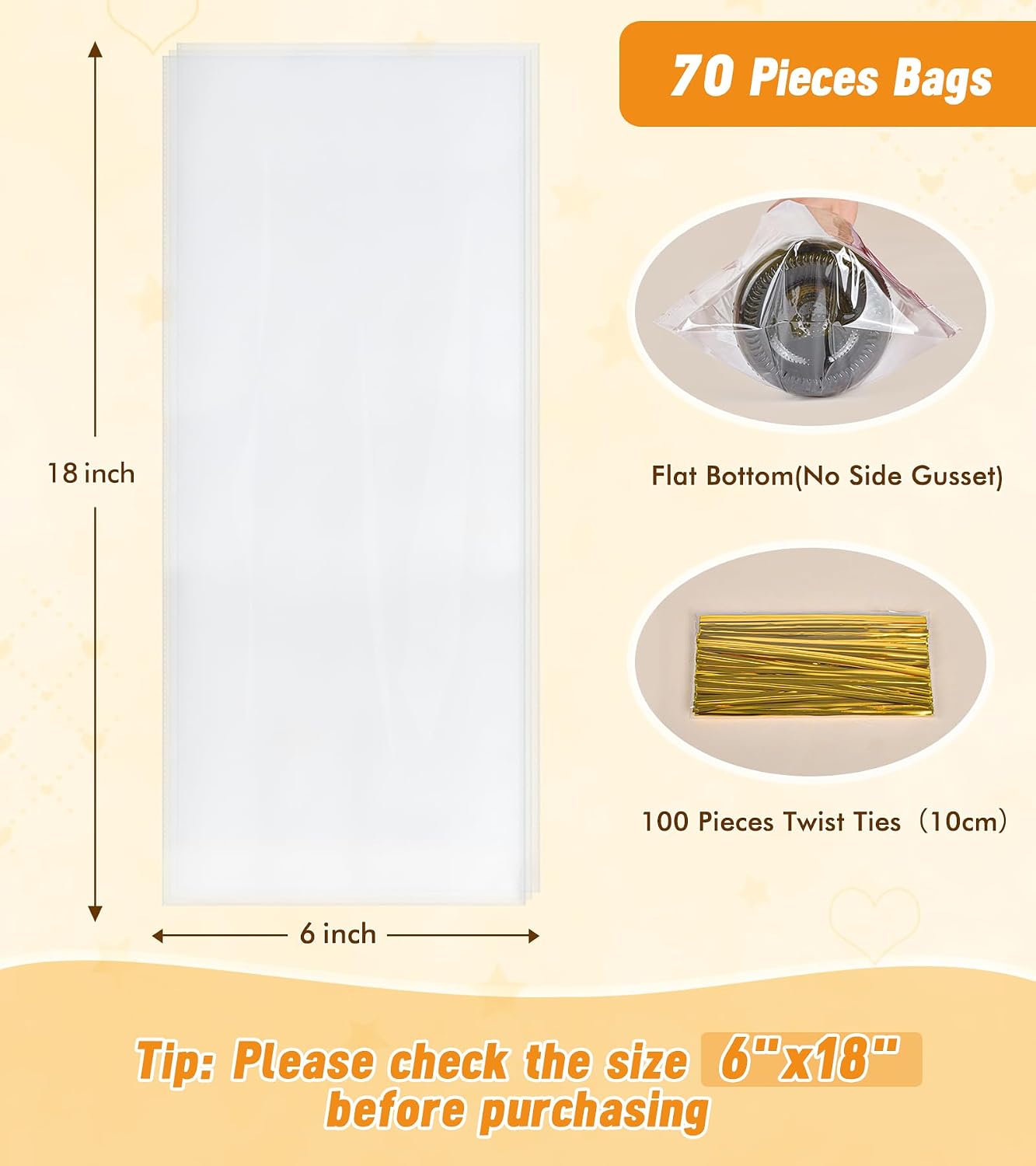 Yuiicaov Cellophane Bags for Wine Bottles, 6x18 Inches 70Pcs Clear Wine Gift Cello Bags With Twist Ties, Clear Treat Bags Packaging for Wine Champagne (Flat, No Gusset) image 2