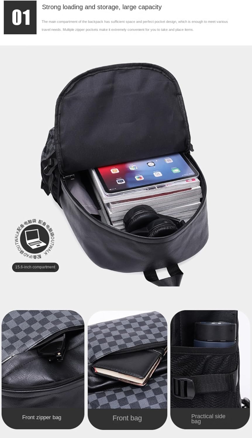 PU Leather Laptop Backpack college Schoolbag Business Leisure Travel Daypack Multi functional Shoulders Bag (Black A,ONE SIZE)