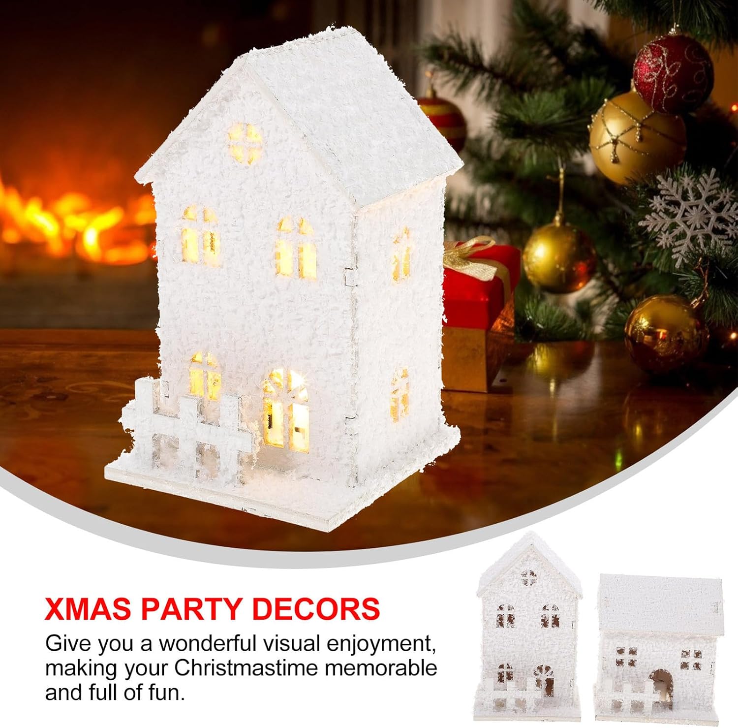 Luminous Christmas Decor 2pcs Wooden House Ornament with LED Glow Xmas