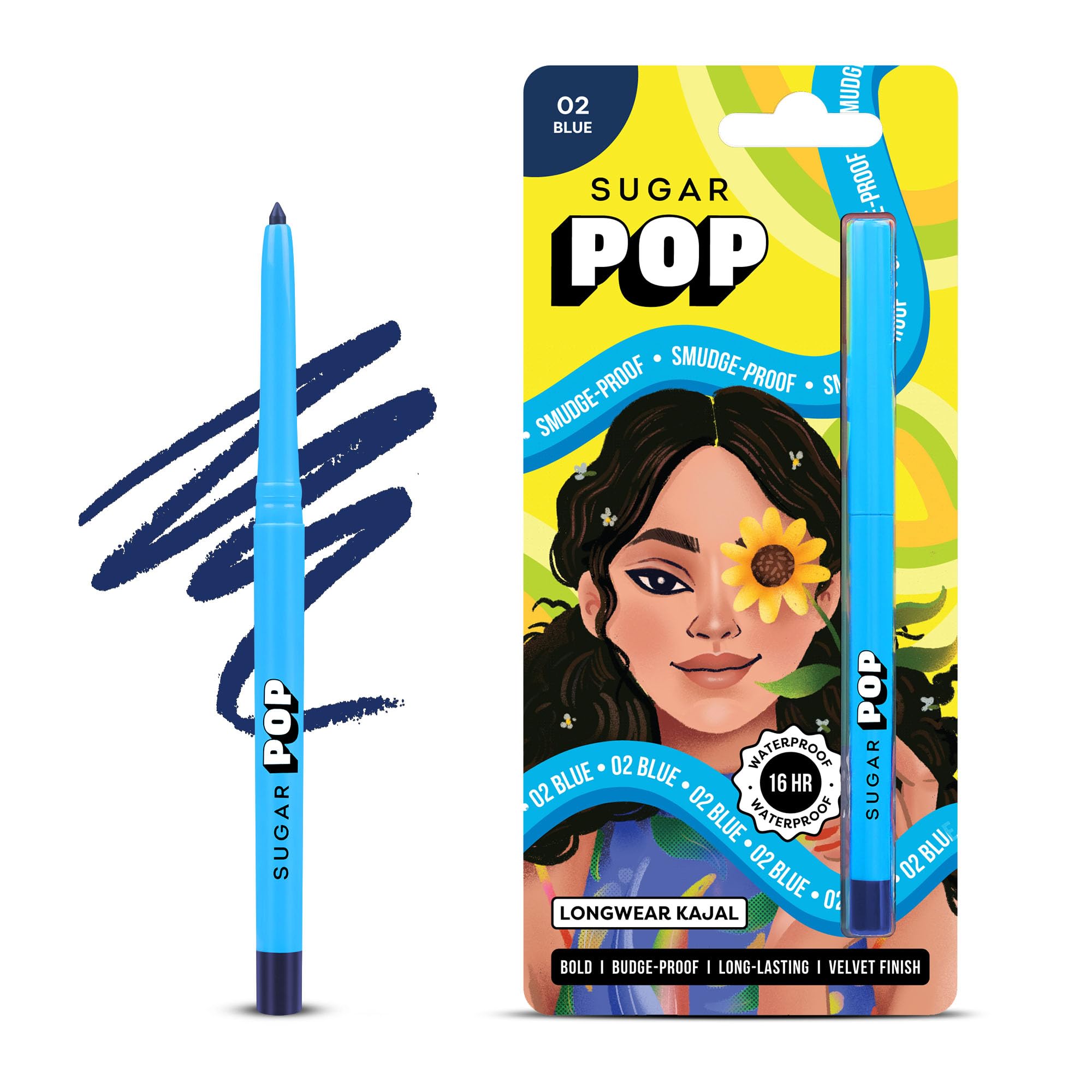 SUGAR POP Pencil Longwear Kajal | Vitamin E & Sunflower Seed | Smudge-Proof | Long-Lasting | Velvet Finish | 0.3Gms - 02 Blue Pack of 1