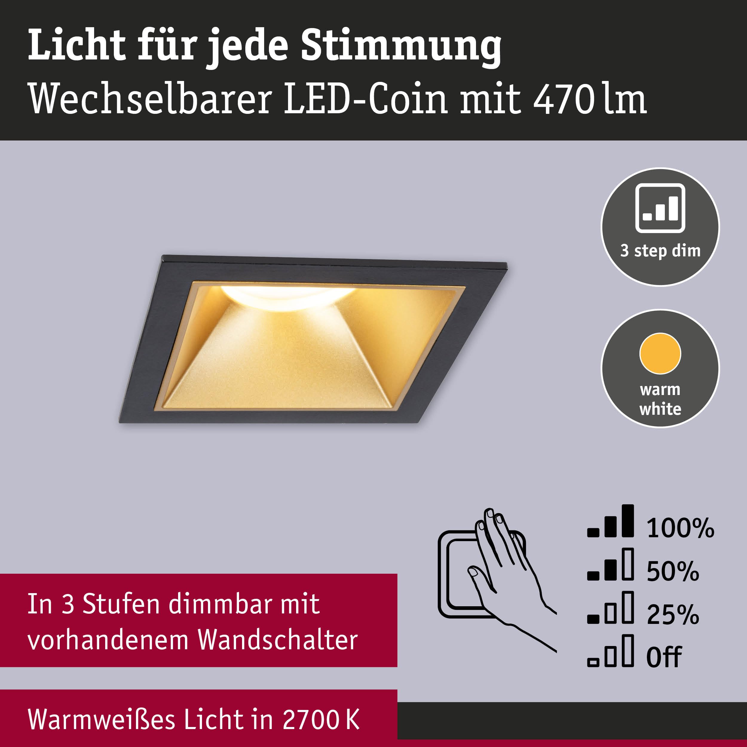 Paulmann 93129 - Foco empotrado (LED, 3 unidades, IP44, cuadrada, 88 x 88 mm, 3 x 6 W, 3 x 470 lm, 230 V, 2700 K, color dorado mate