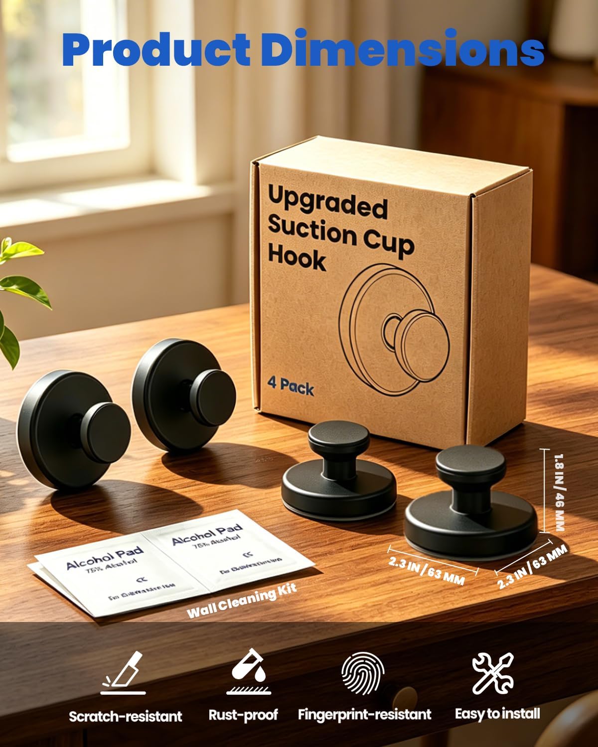 Suction Cup Hooks for Shower: Black Towel Hooks for Bathrooms, Adhesive Hooks - Drill Free, No Damage Wall Hooks for Hanging, Removable Wreath Hanger for Inside Shower, Closet, Robe, Clothes (4 Pack)